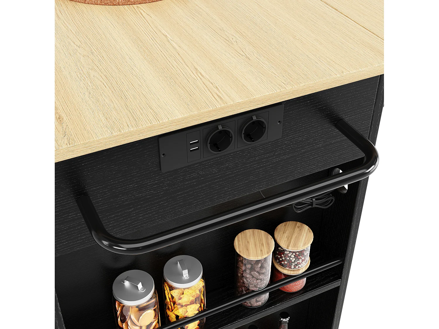 Ilot central de cuisine mobile avec 2 portes, 2 tiroirs et étagères latérales - Plateau extensible - 151.5x59.7(84.7)x91.7cm - MDF - Noir