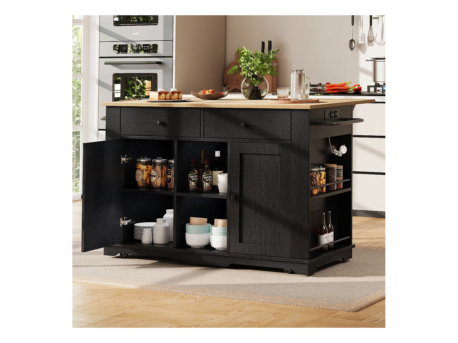 Mobile Kücheninsel mit 2 Türen, 2 Schubladen und Seitenregalen - Ausziehbare Platte - 151,5x59,7(84,7)x91,7cm - MDF - Schwarz