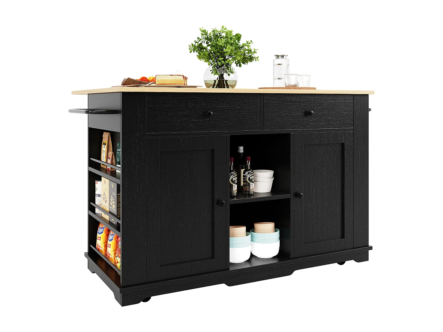 Isola Cucina Mobile con 2 Ante, 2 Cassetti e Ripiani Laterali - Piano Estensibile - 151,5x59,7(84,7)x91,7cm - MDF - Nero