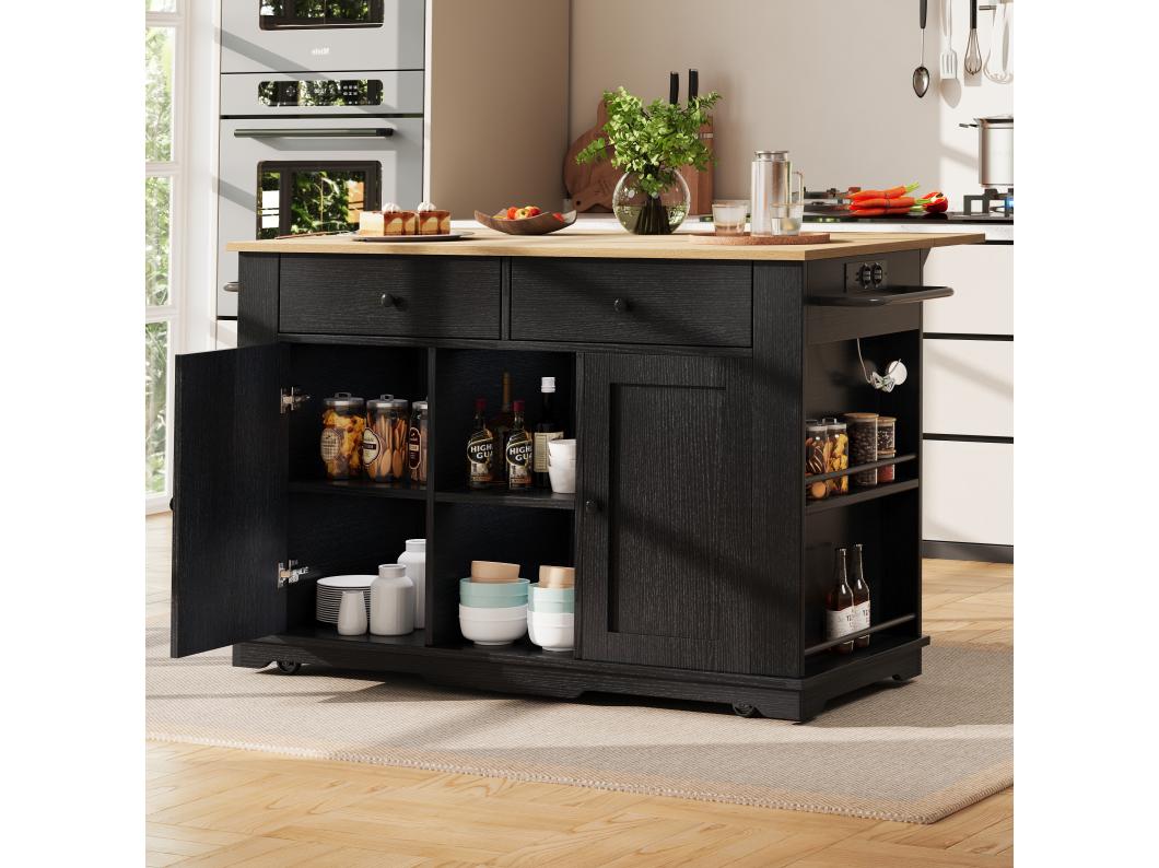 Mobiel keukeneiland met 2 deuren, 2 lades en zijplanken - Uitschuifbaar blad - 151,5x59,7(84,7)x91,7cm - MDF - Zwart