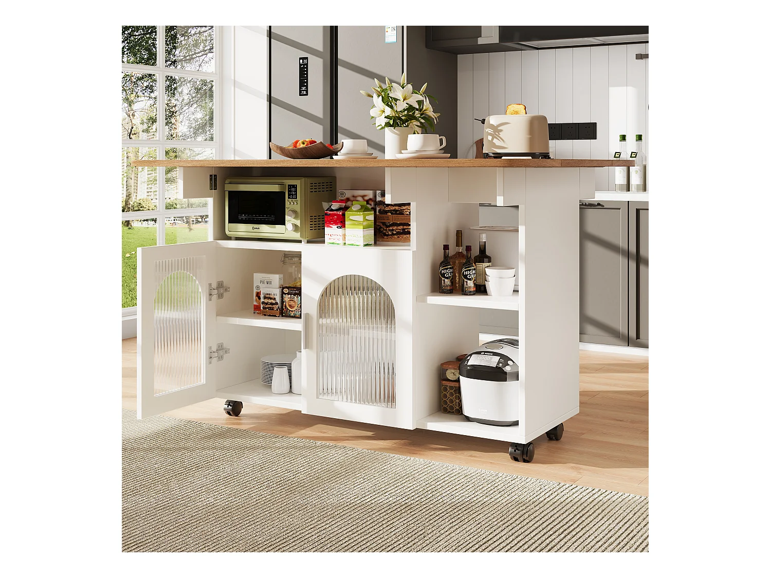 Mobilna wyspa kuchenna z 2 drzwiami i otwartymi półkami - Rozkładany blat - 120x30(70)x79,5 cm - Drewno MDF - Biały i naturalny