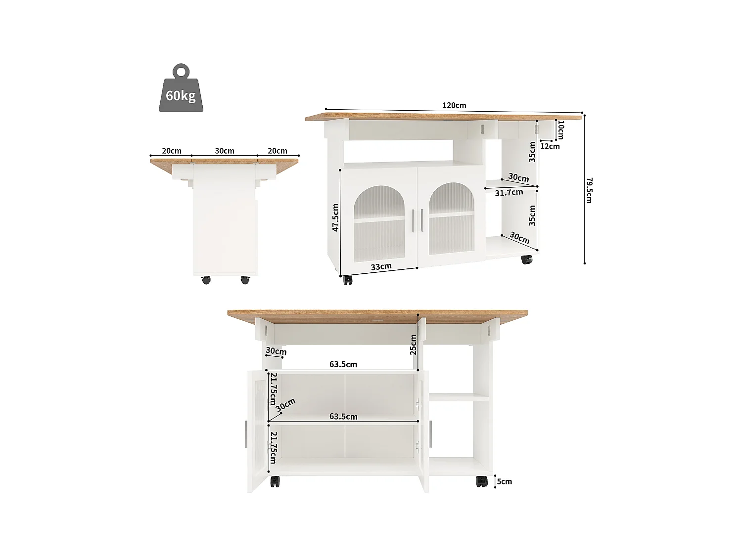 Mobilna wyspa kuchenna z 2 drzwiami i otwartymi półkami - Rozkładany blat - 120x30(70)x79,5 cm - Drewno MDF - Biały i naturalny