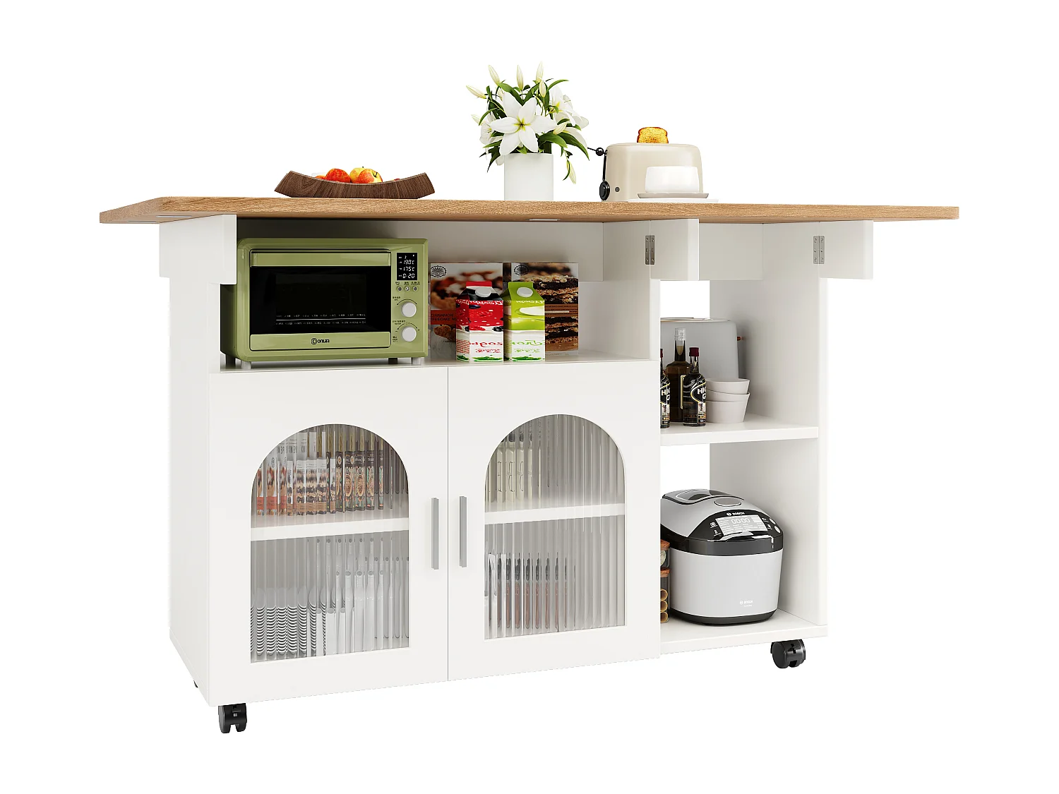 Mobilna wyspa kuchenna z 2 drzwiami i otwartymi półkami - Rozkładany blat - 120x30(70)x79,5 cm - Drewno MDF - Biały i naturalny