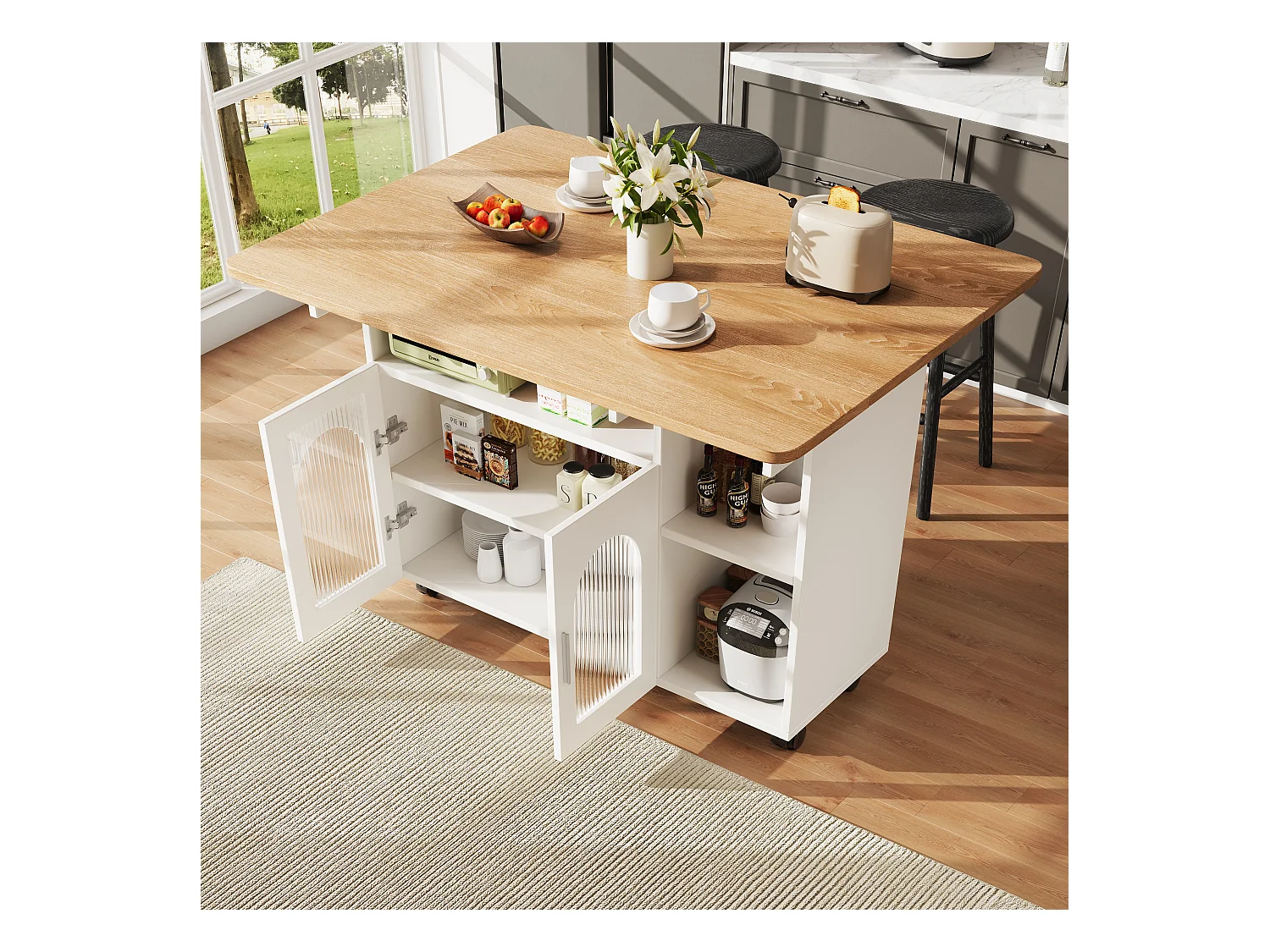 Ilot central de cuisine mobile avec 2 portes et étagères ouvertes - Plateau extensible - 120x30(70)x79.5cm - Bois MDF - Blanc et naturel