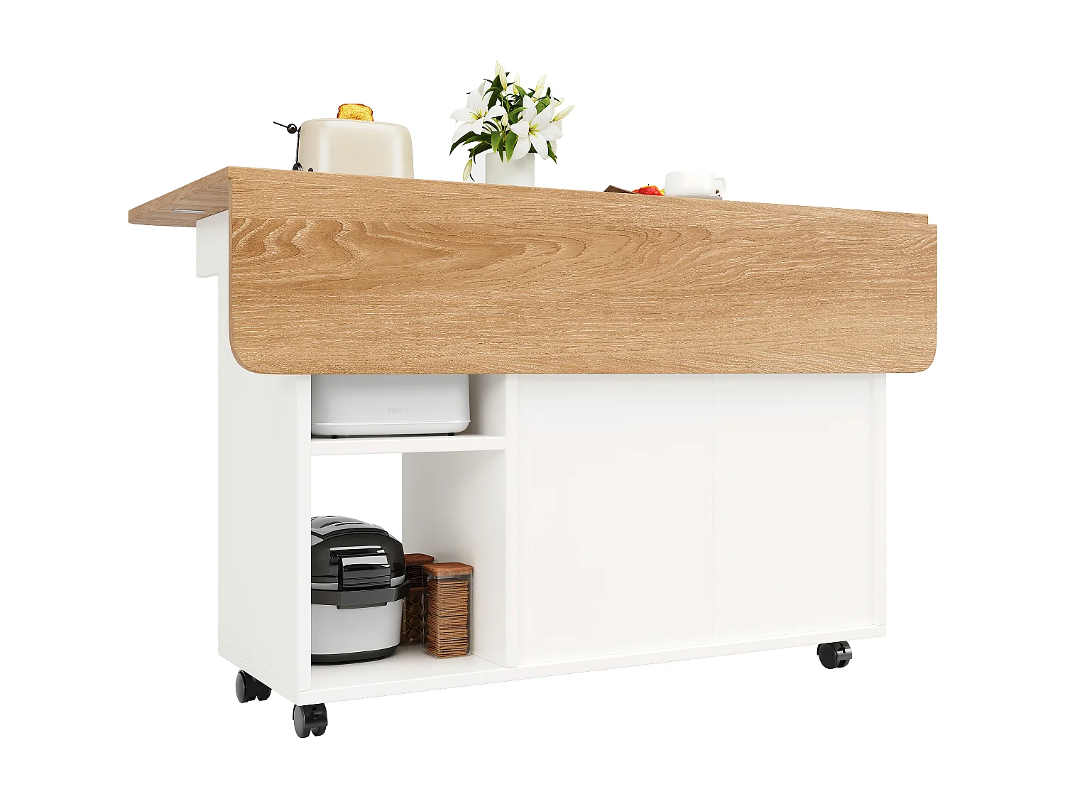 Isla de cocina móvil con 2 puertas y estantes abiertos - Tablero extensible - 120x30(70)x79,5cm - Madera MDF - Blanco y natural