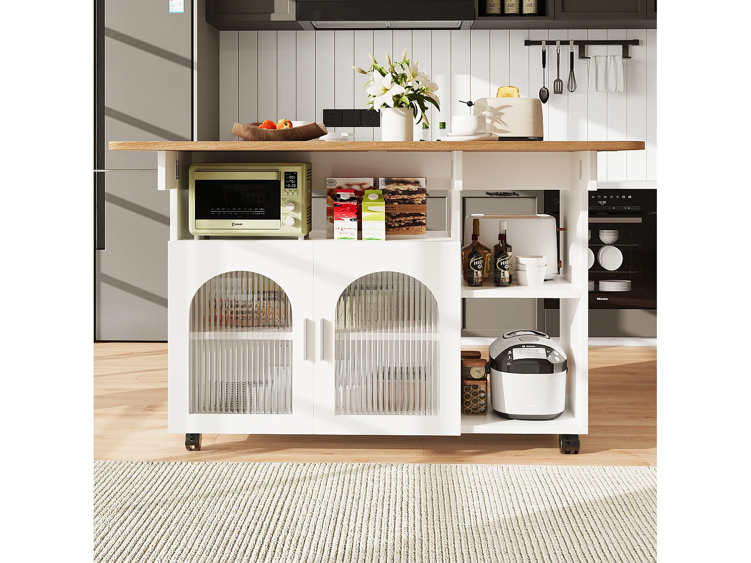 Isola cucina mobile con 2 ante e ripiani aperti - Piano estensibile - 120x30(70)x79,5cm - Legno MDF - Bianco e naturale