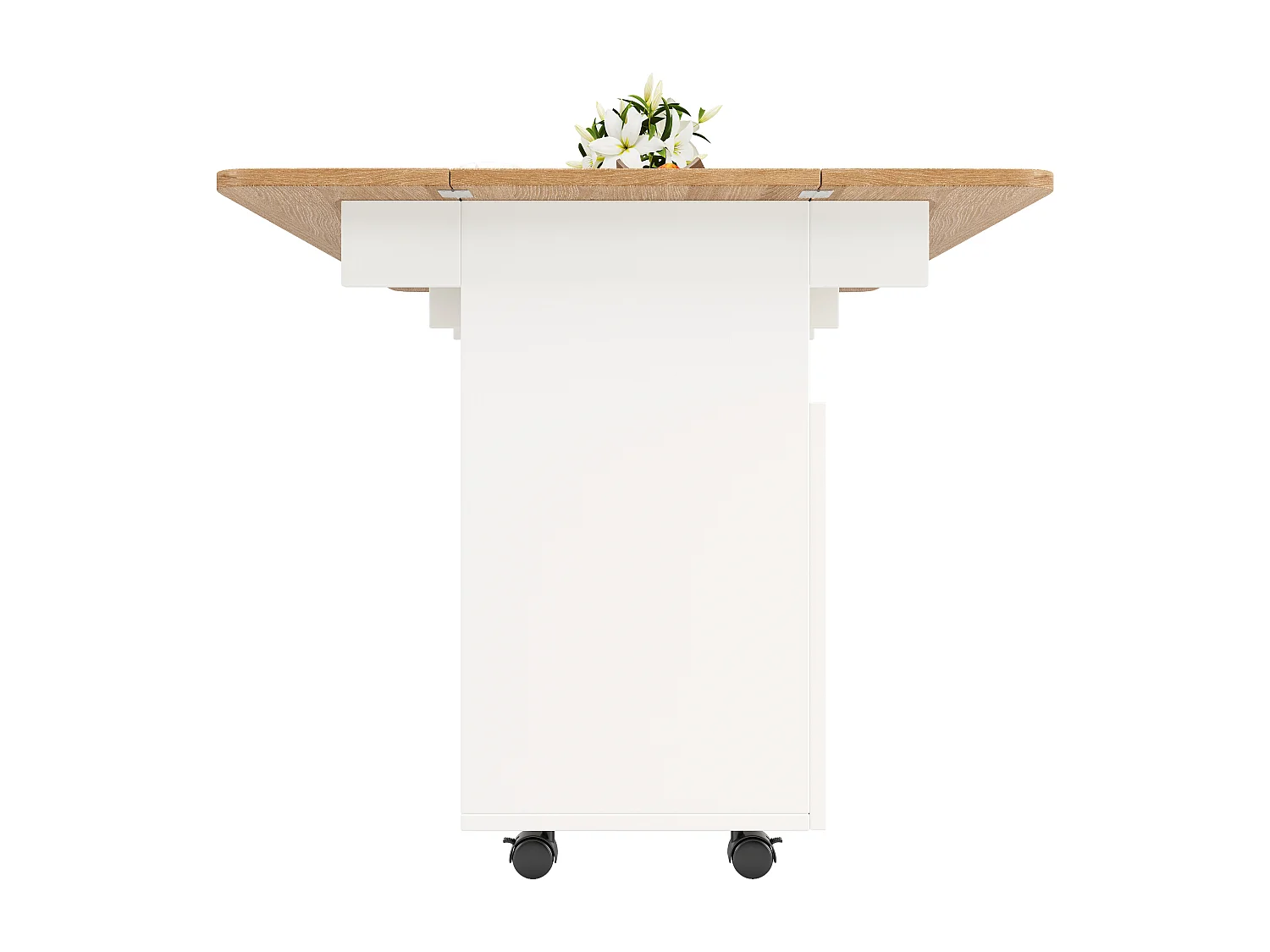 Isola cucina mobile con 2 ante e ripiani aperti - Piano estensibile - 120x30(70)x79,5cm - Legno MDF - Bianco e naturale