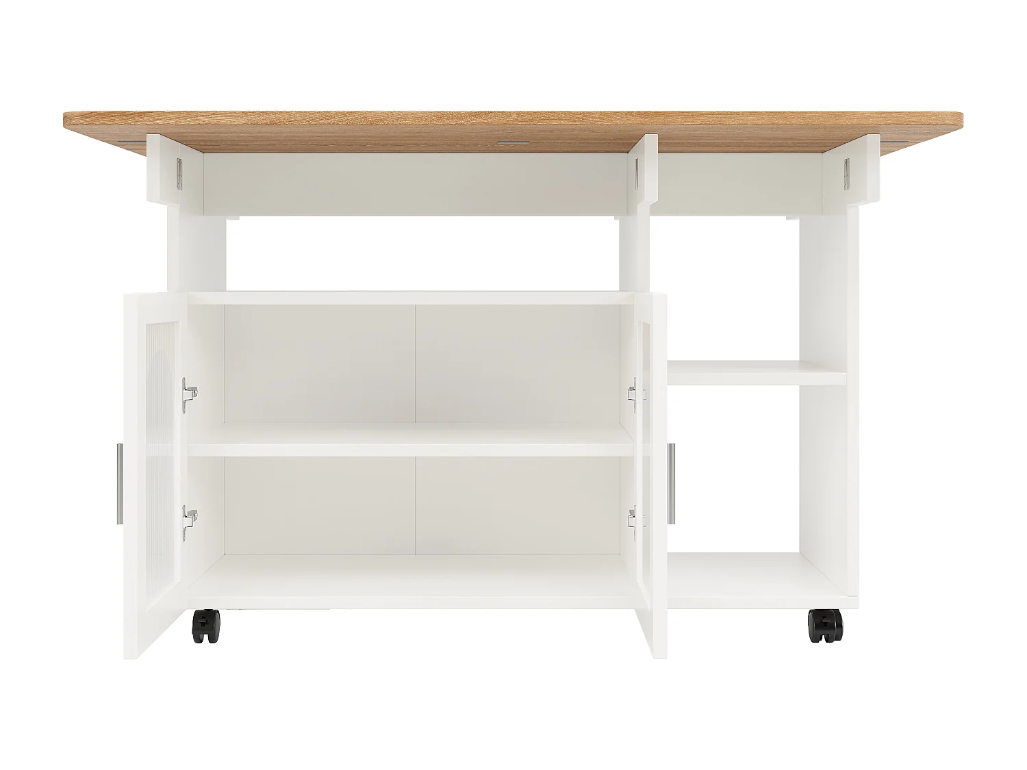 Isola cucina mobile con 2 ante e ripiani aperti - Piano estensibile - 120x30(70)x79,5cm - Legno MDF - Bianco e naturale