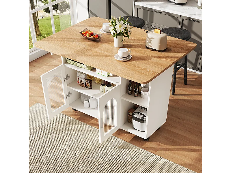 Mobiel kookeiland met 2 deuren en open planken - Uitschuifbaar blad - 120x30(70)x79,5cm - MDF hout - Wit en naturel