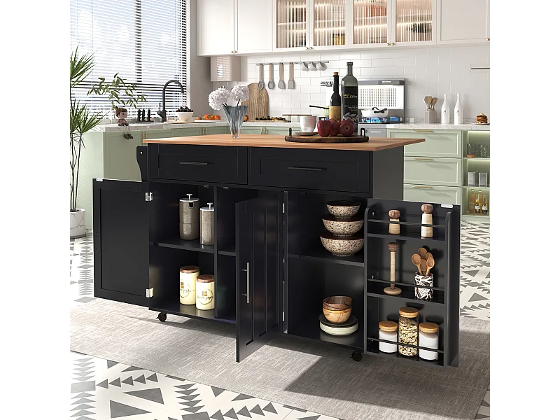 Isla de cocina móvil con 3 puertas y 2 cajones - Tablero extensible - 129x46(71)x91,5cm - Madera maciza + MDF - Negro y natural