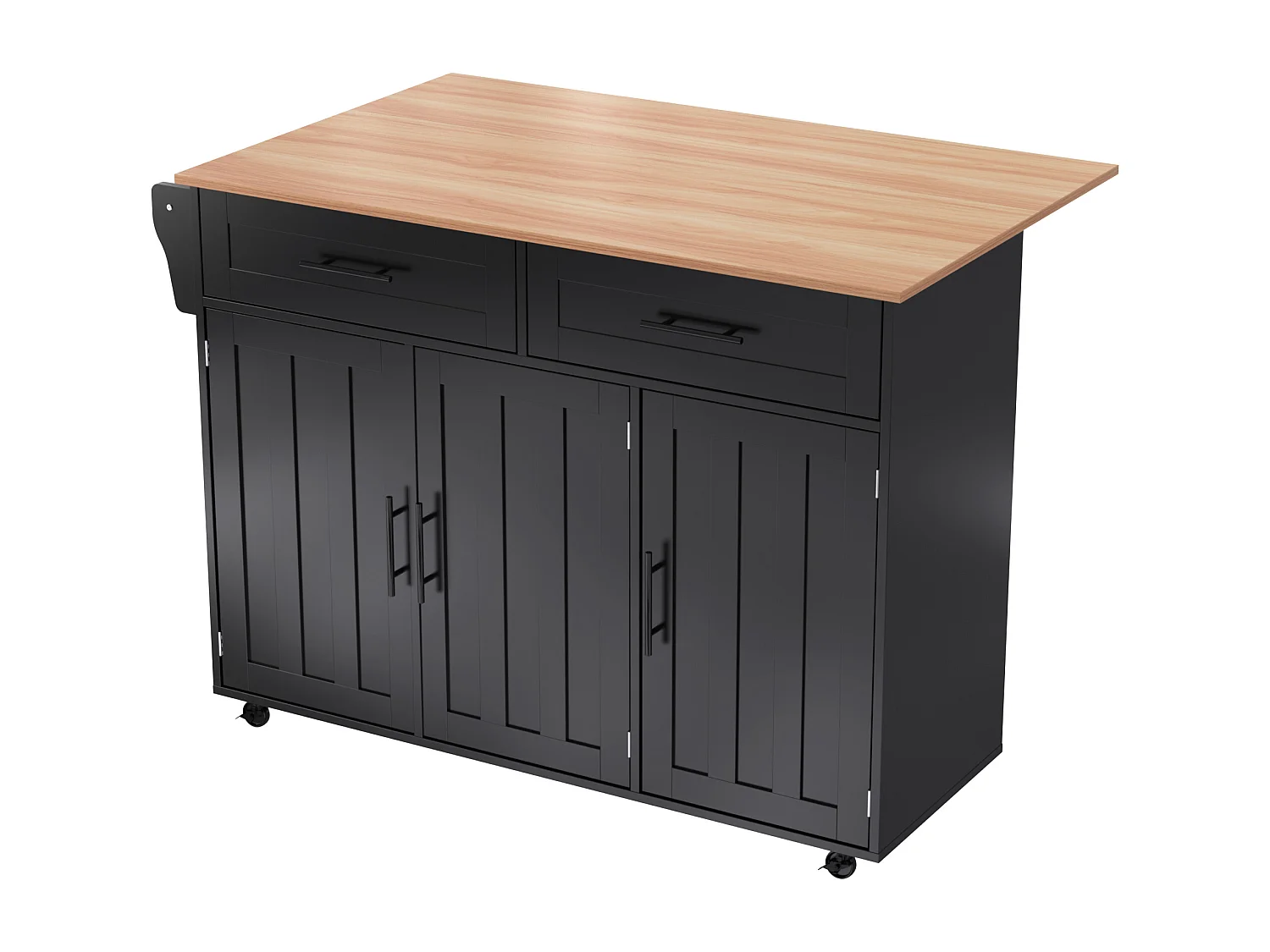 Mobilna wyspa kuchenna z 3 drzwiami i 2 szufladami - Rozkładany blat - 129x46(71)x91,5 cm - Drewno lite + MDF - Czarny i naturalny