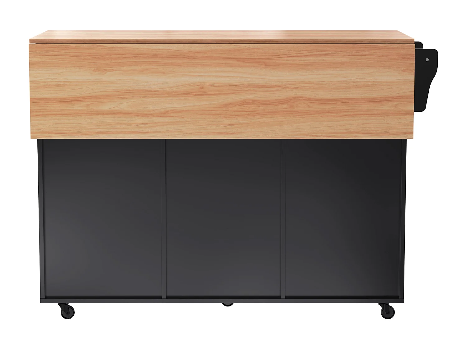 Mobilna wyspa kuchenna z 3 drzwiami i 2 szufladami - Rozkładany blat - 129x46(71)x91,5 cm - Drewno lite + MDF - Czarny i naturalny