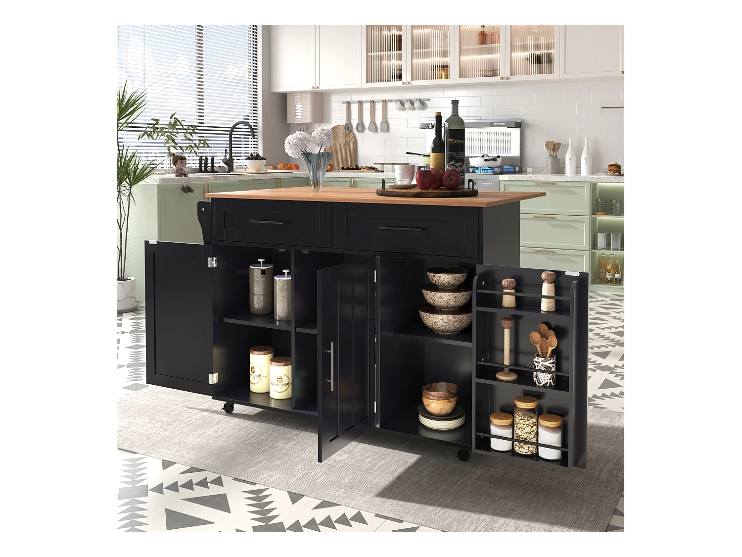 Ilot central de cuisine mobile avec 3 portes et 2 tiroirs - Plateau extensible - 129x46(71)x91,5cm - Bois massif + MDF - Noir et naturel