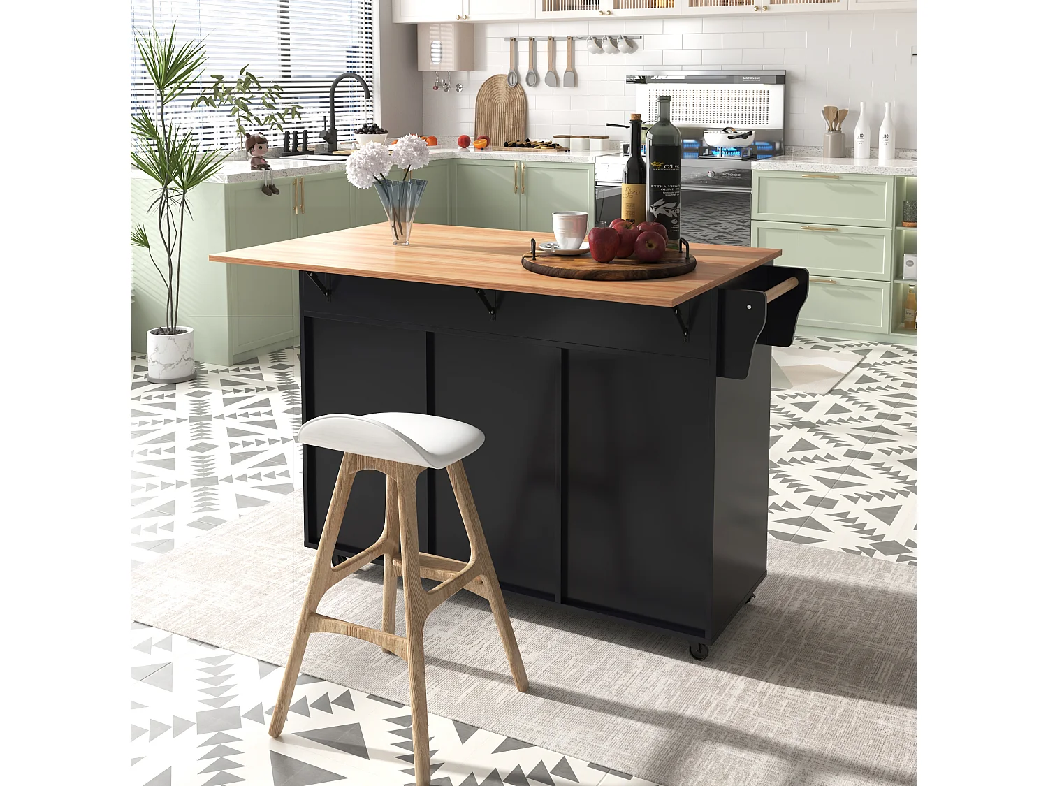 Isola cucina mobile con 3 ante e 2 cassetti - Piano estensibile - 129x46(71)x91,5cm - Legno massello + MDF - Nero e naturale