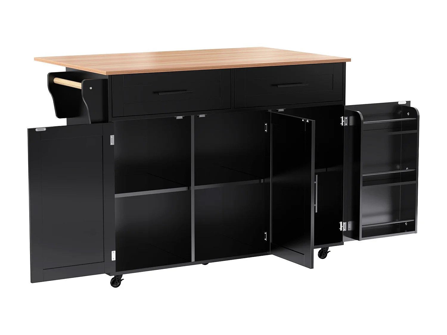 Isola cucina mobile con 3 ante e 2 cassetti - Piano estensibile - 129x46(71)x91,5cm - Legno massello + MDF - Nero e naturale