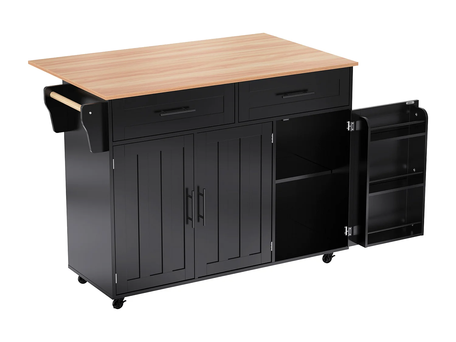 Isola cucina mobile con 3 ante e 2 cassetti - Piano estensibile - 129x46(71)x91,5cm - Legno massello + MDF - Nero e naturale