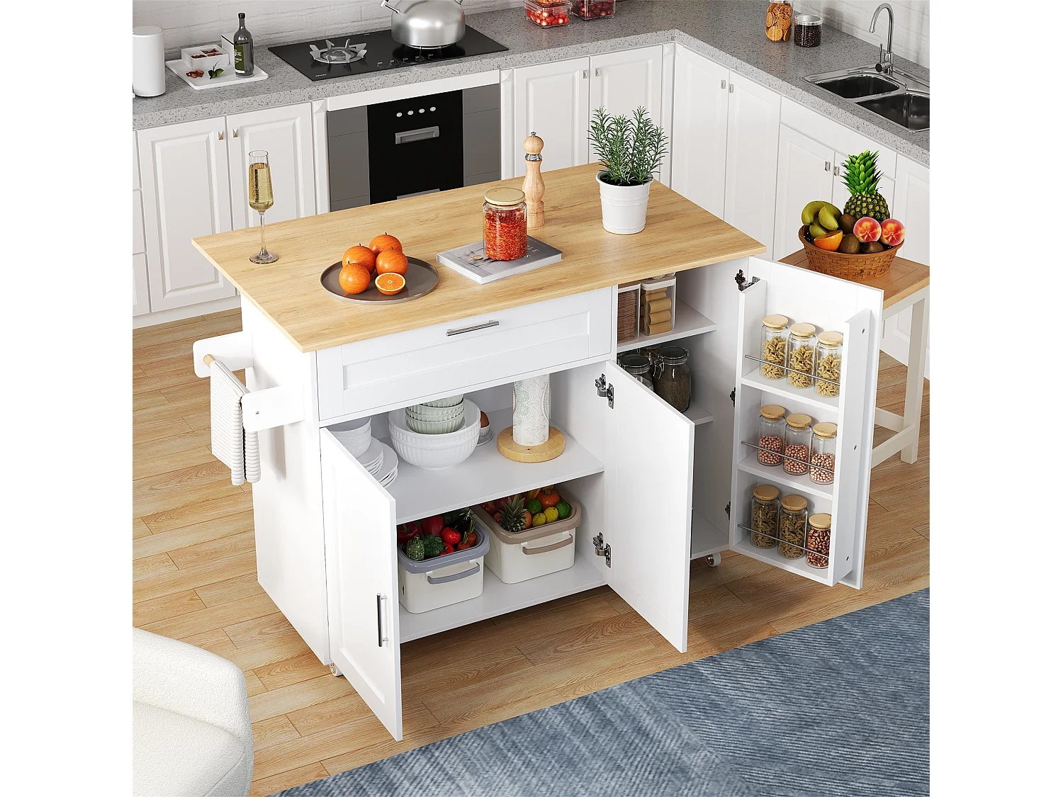 Ilha de cozinha móvel com 3 portas e 1 gaveta - Tampo extensível - 132,5x44(70)x90 cm - Madeira MDF - Branco e natural