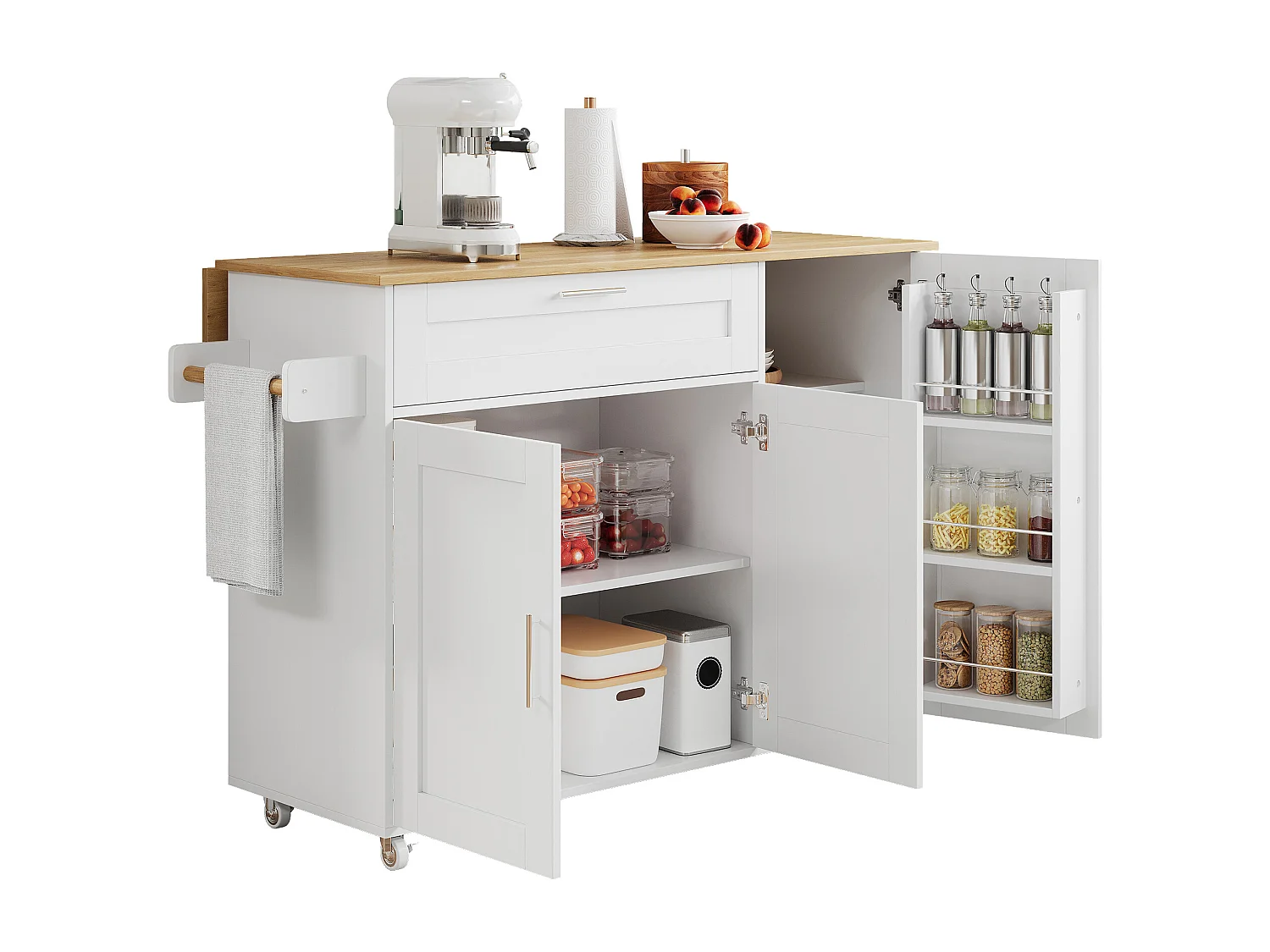 Ilha de cozinha móvel com 3 portas e 1 gaveta - Tampo extensível - 132,5x44(70)x90 cm - Madeira MDF - Branco e natural