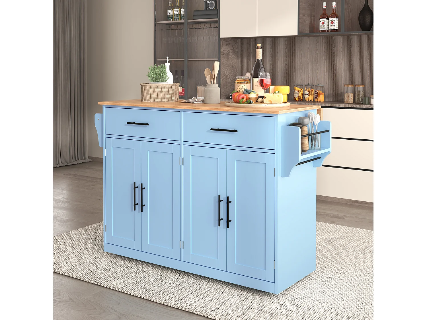 Ilha de cozinha móvel com 4 portas e 2 gavetas - Tampo extensível - 120x46(70)x91 cm - Madeira MDF - Azul e natural