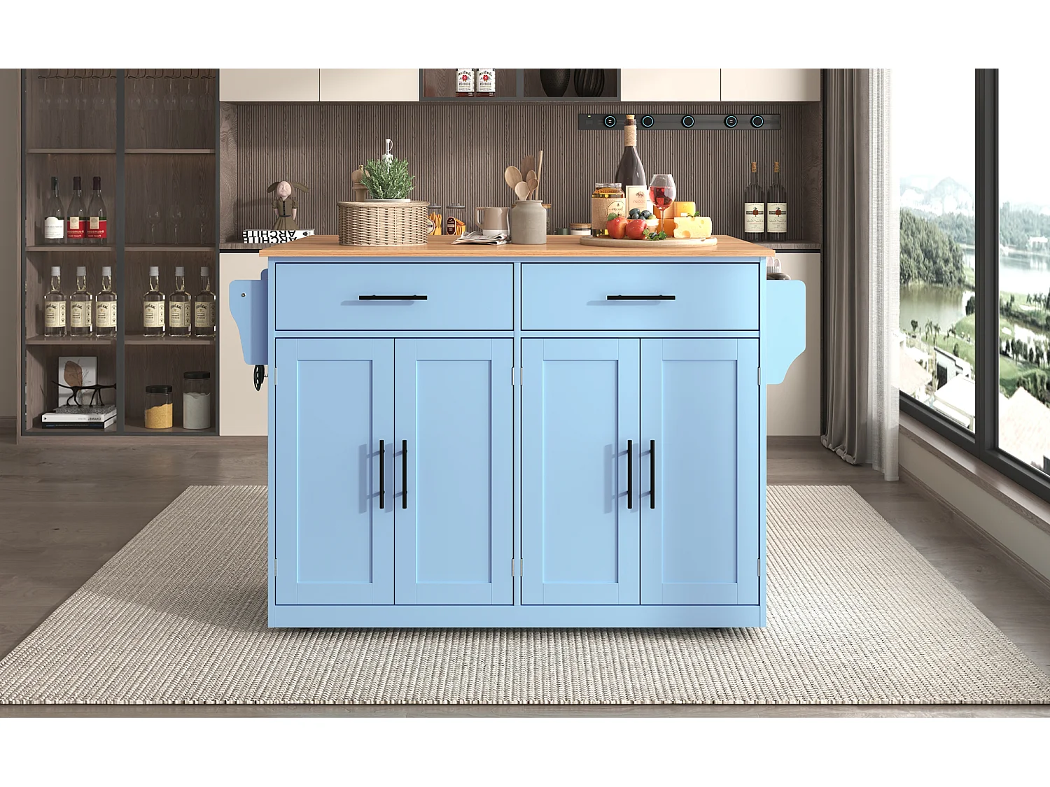 Ilha de cozinha móvel com 4 portas e 2 gavetas - Tampo extensível - 120x46(70)x91 cm - Madeira MDF - Azul e natural
