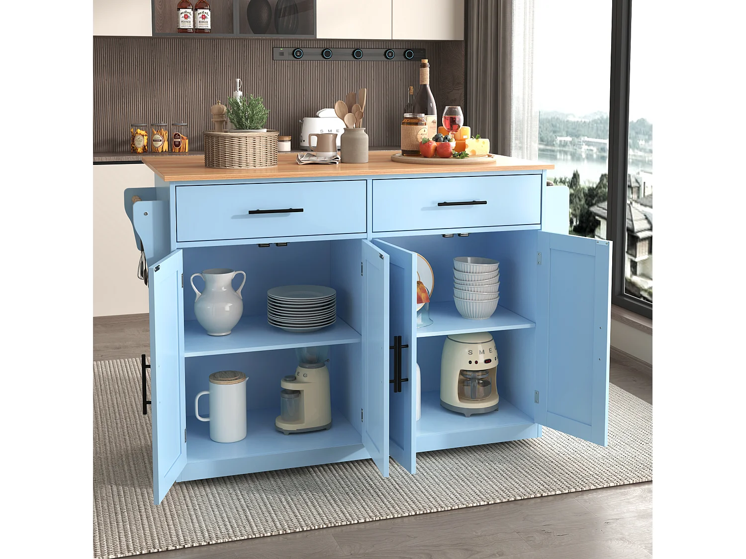 Ilha de cozinha móvel com 4 portas e 2 gavetas - Tampo extensível - 120x46(70)x91 cm - Madeira MDF - Azul e natural