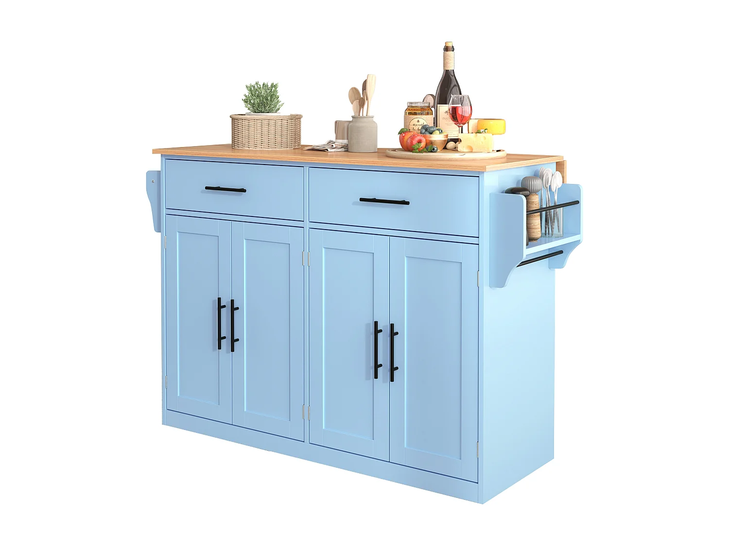 Ilha de cozinha móvel com 4 portas e 2 gavetas - Tampo extensível - 120x46(70)x91 cm - Madeira MDF - Azul e natural