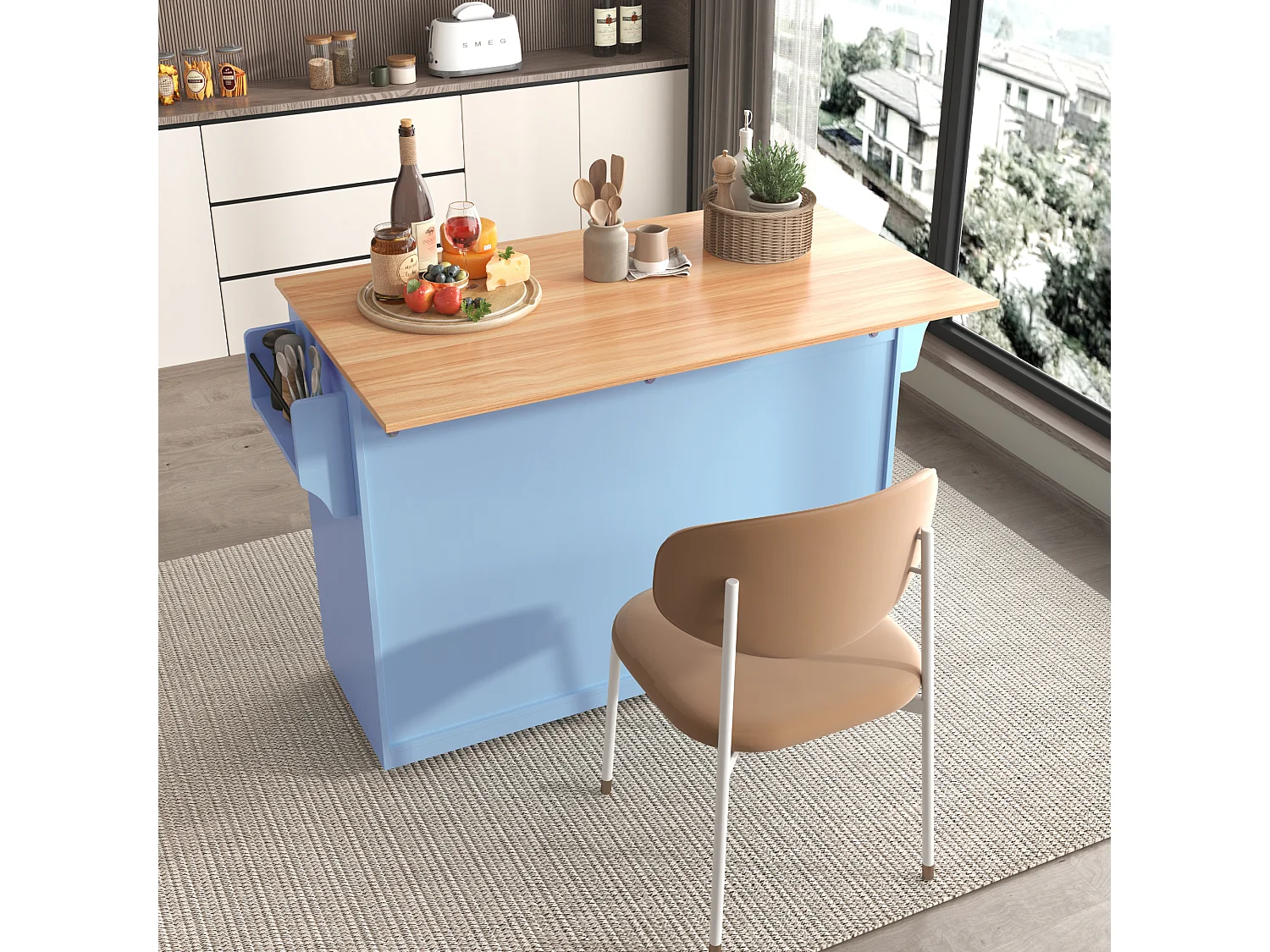 Ilha de cozinha móvel com 4 portas e 2 gavetas - Tampo extensível - 120x46(70)x91 cm - Madeira MDF - Azul e natural