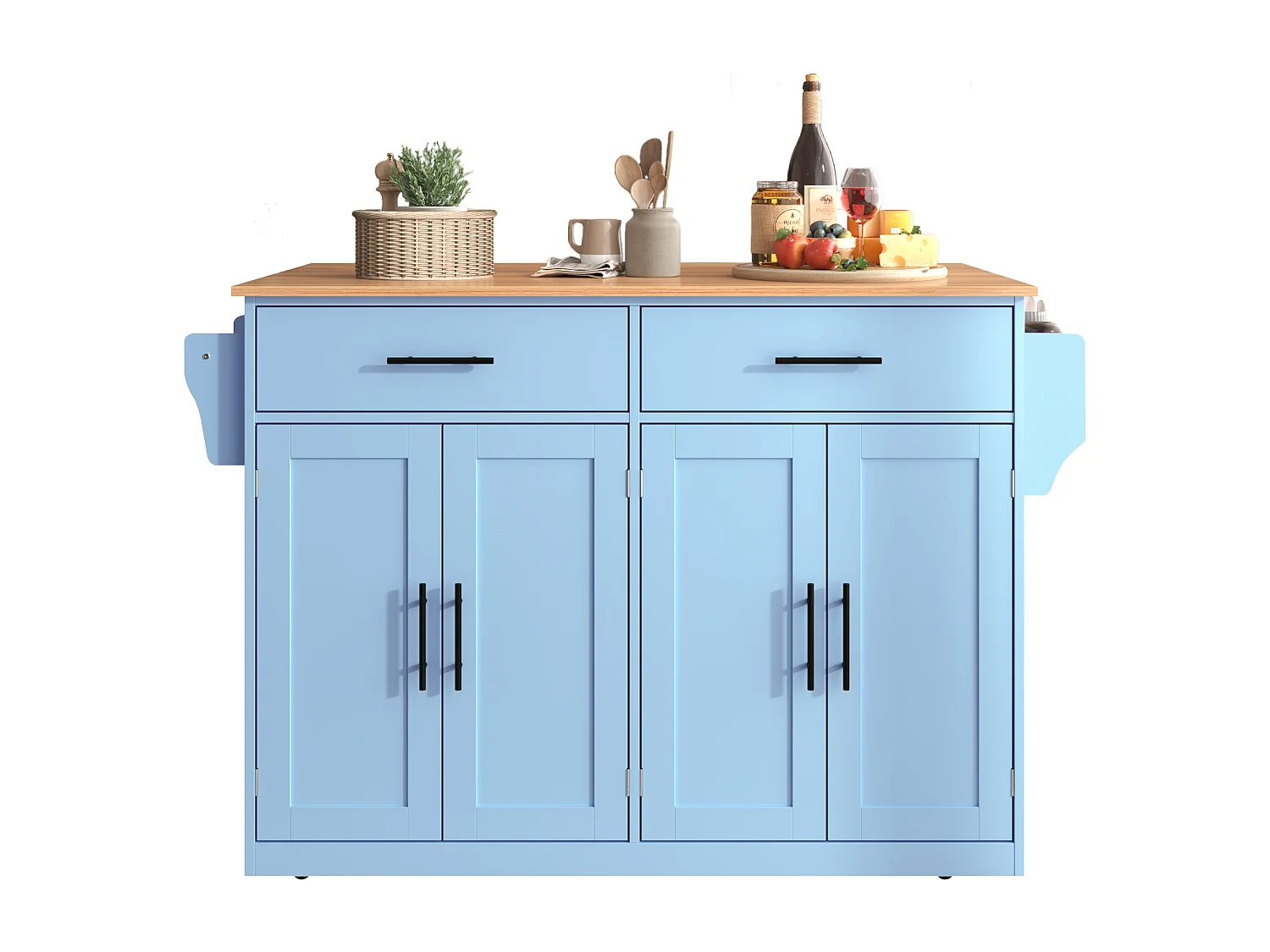 Ilha de cozinha móvel com 4 portas e 2 gavetas - Tampo extensível - 120x46(70)x91 cm - Madeira MDF - Azul e natural