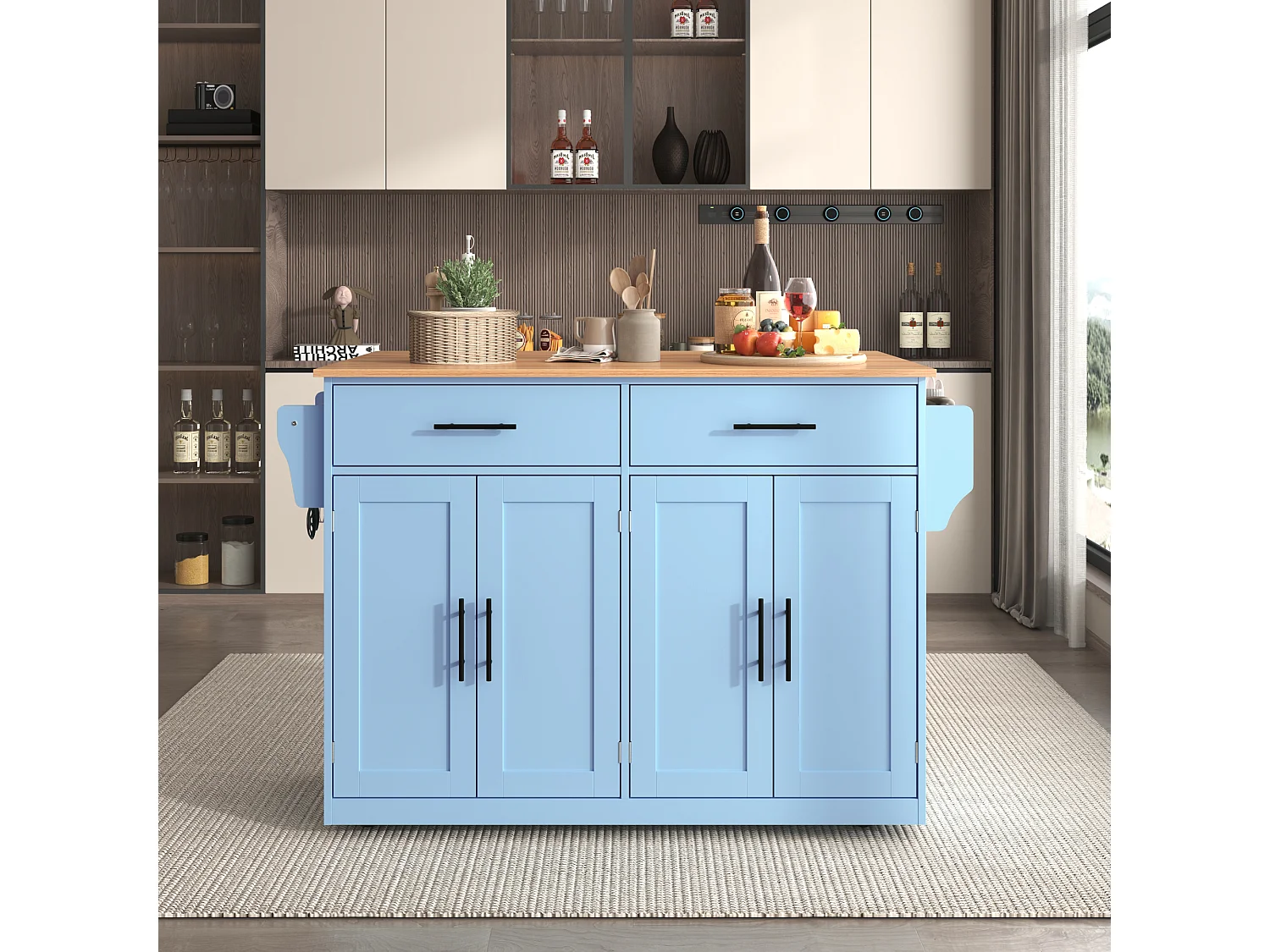 Ilha de cozinha móvel com 4 portas e 2 gavetas - Tampo extensível - 120x46(70)x91 cm - Madeira MDF - Azul e natural