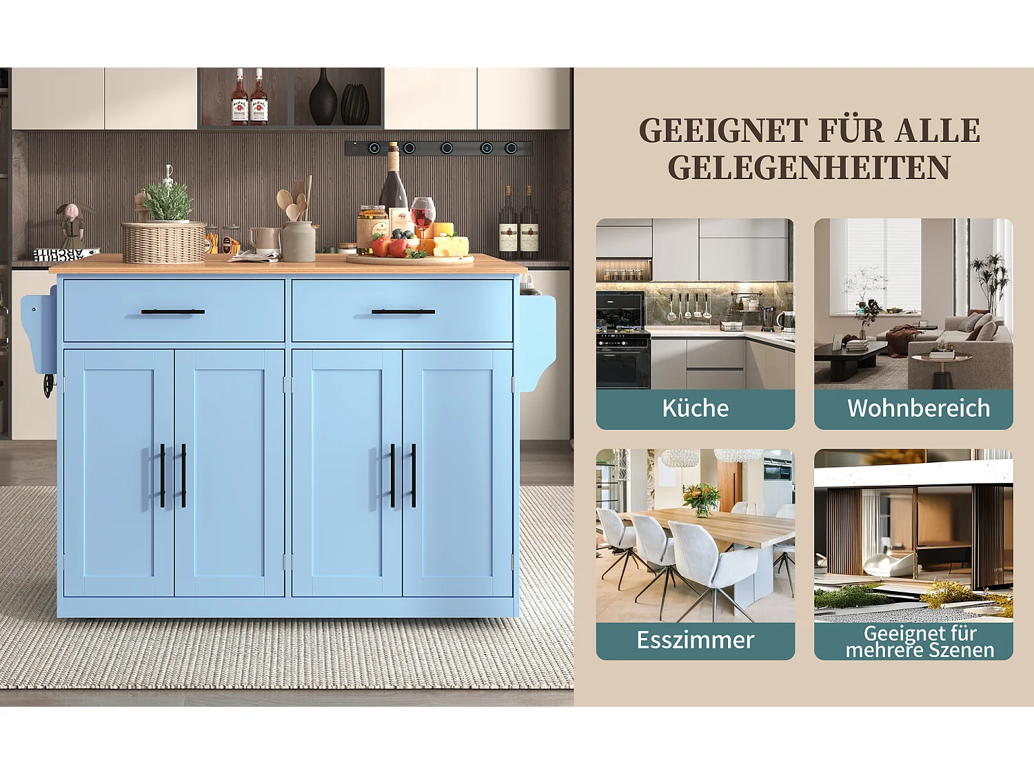 Ilha de cozinha móvel com 4 portas e 2 gavetas - Tampo extensível - 120x46(70)x91 cm - Madeira MDF - Azul e natural