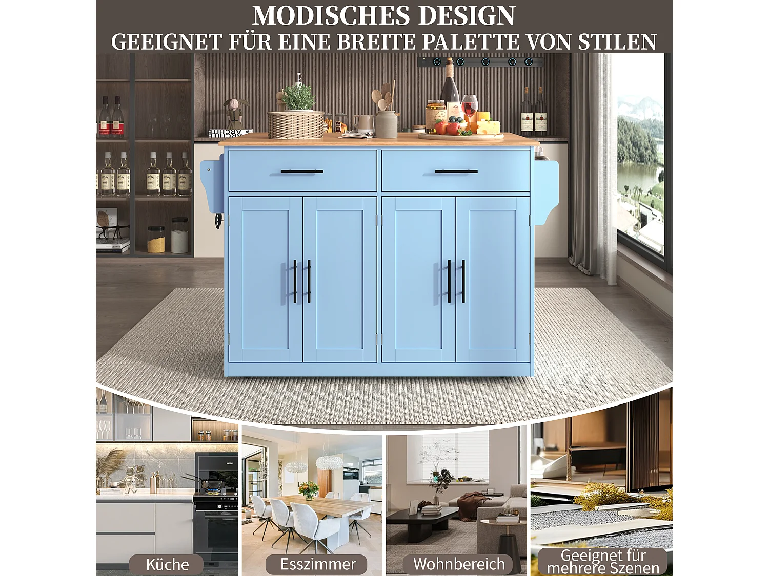 Ilha de cozinha móvel com 4 portas e 2 gavetas - Tampo extensível - 120x46(70)x91 cm - Madeira MDF - Azul e natural