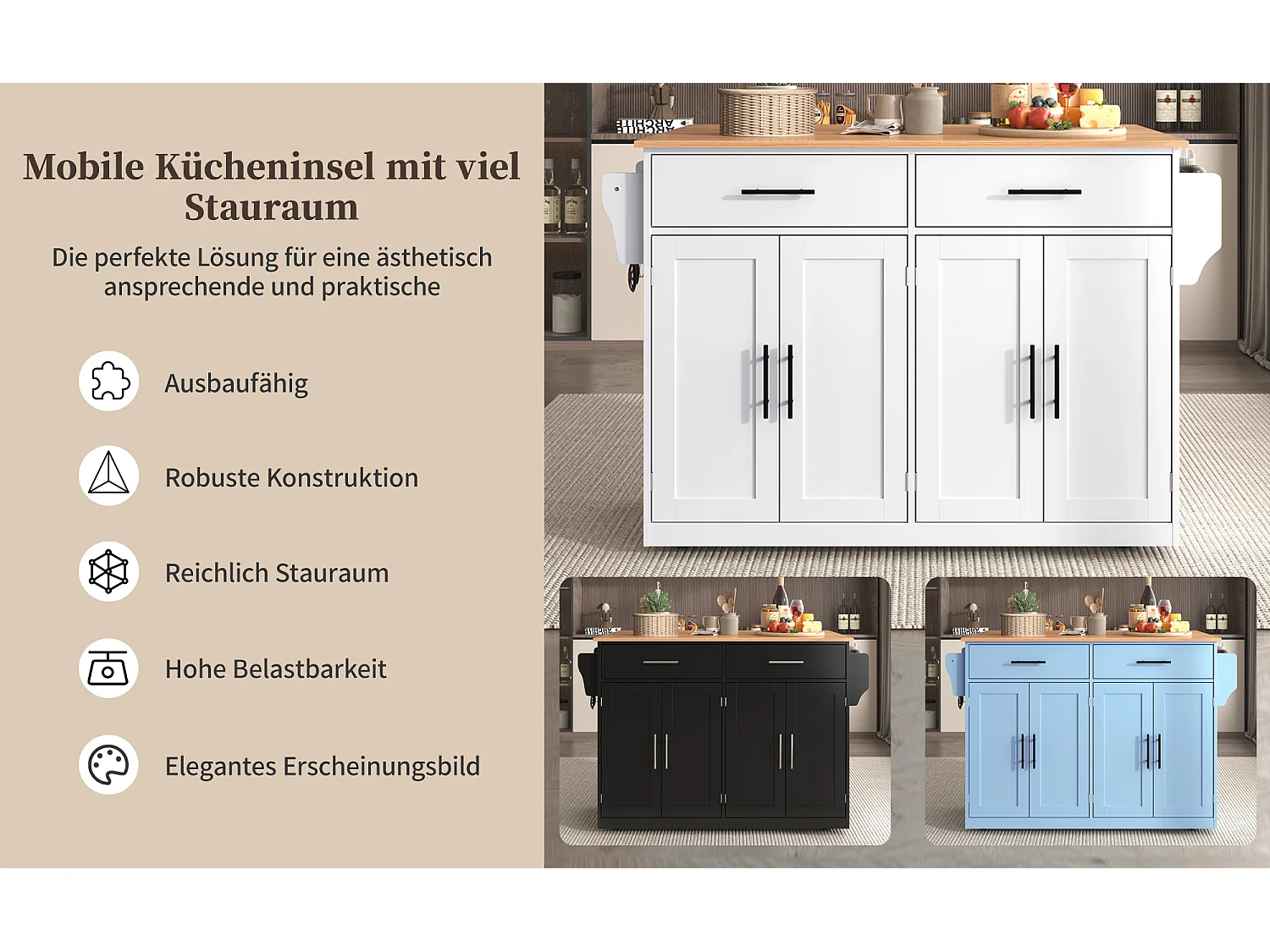 Ilha de cozinha móvel com 4 portas e 2 gavetas - Tampo extensível - 120x46(70)x91 cm - Madeira MDF - Azul e natural