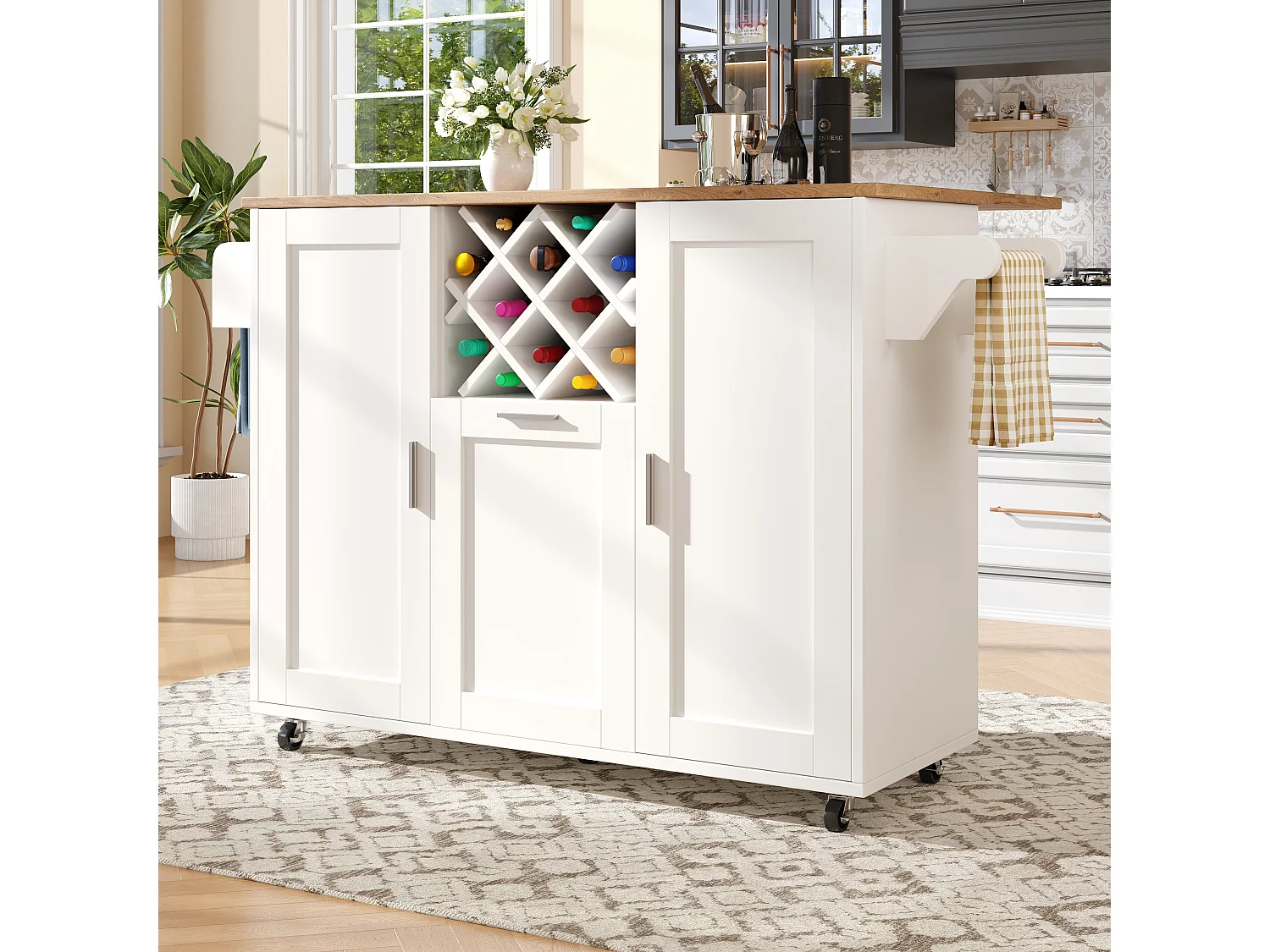 Ilha de cozinha móvel com 3 portas e 12 suportes para garrafas - Tampo extensível - 183x43(76)x92cm - Madeira MDF - Branco e natural