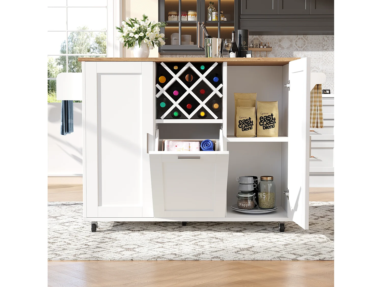 Ilha de cozinha móvel com 3 portas e 12 suportes para garrafas - Tampo extensível - 183x43(76)x92cm - Madeira MDF - Branco e natural