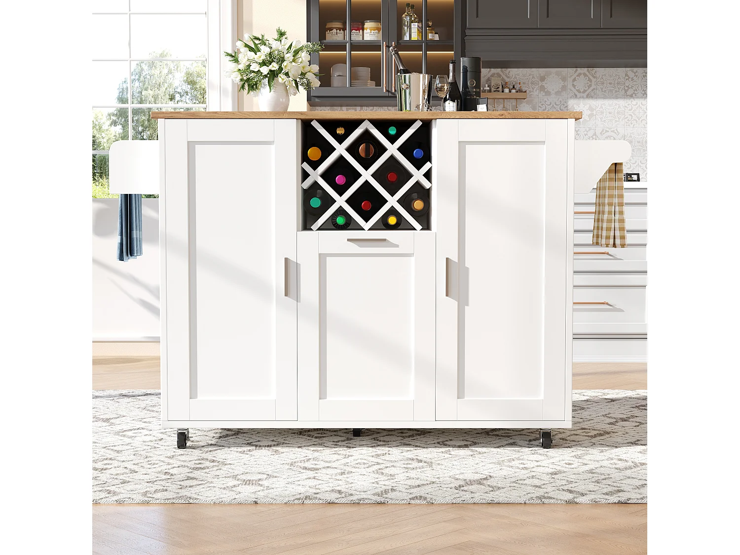 Ilha de cozinha móvel com 3 portas e 12 suportes para garrafas - Tampo extensível - 183x43(76)x92cm - Madeira MDF - Branco e natural