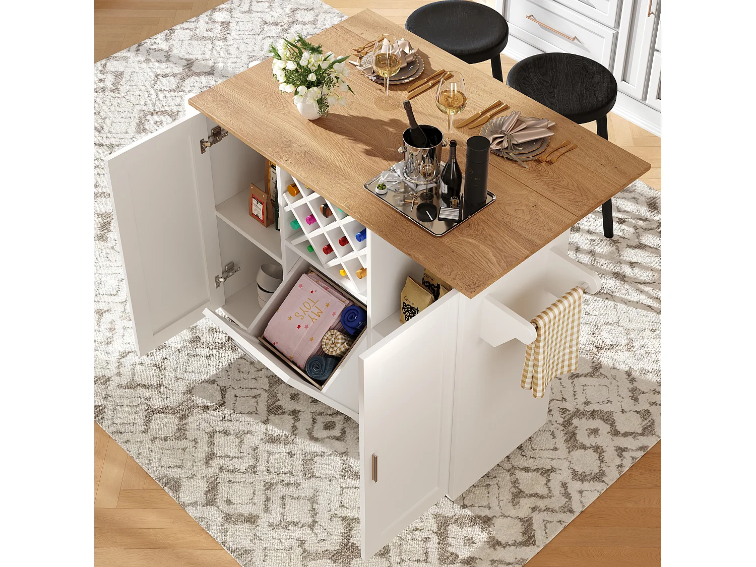 Ilha de cozinha móvel com 3 portas e 12 suportes para garrafas - Tampo extensível - 183x43(76)x92cm - Madeira MDF - Branco e natural