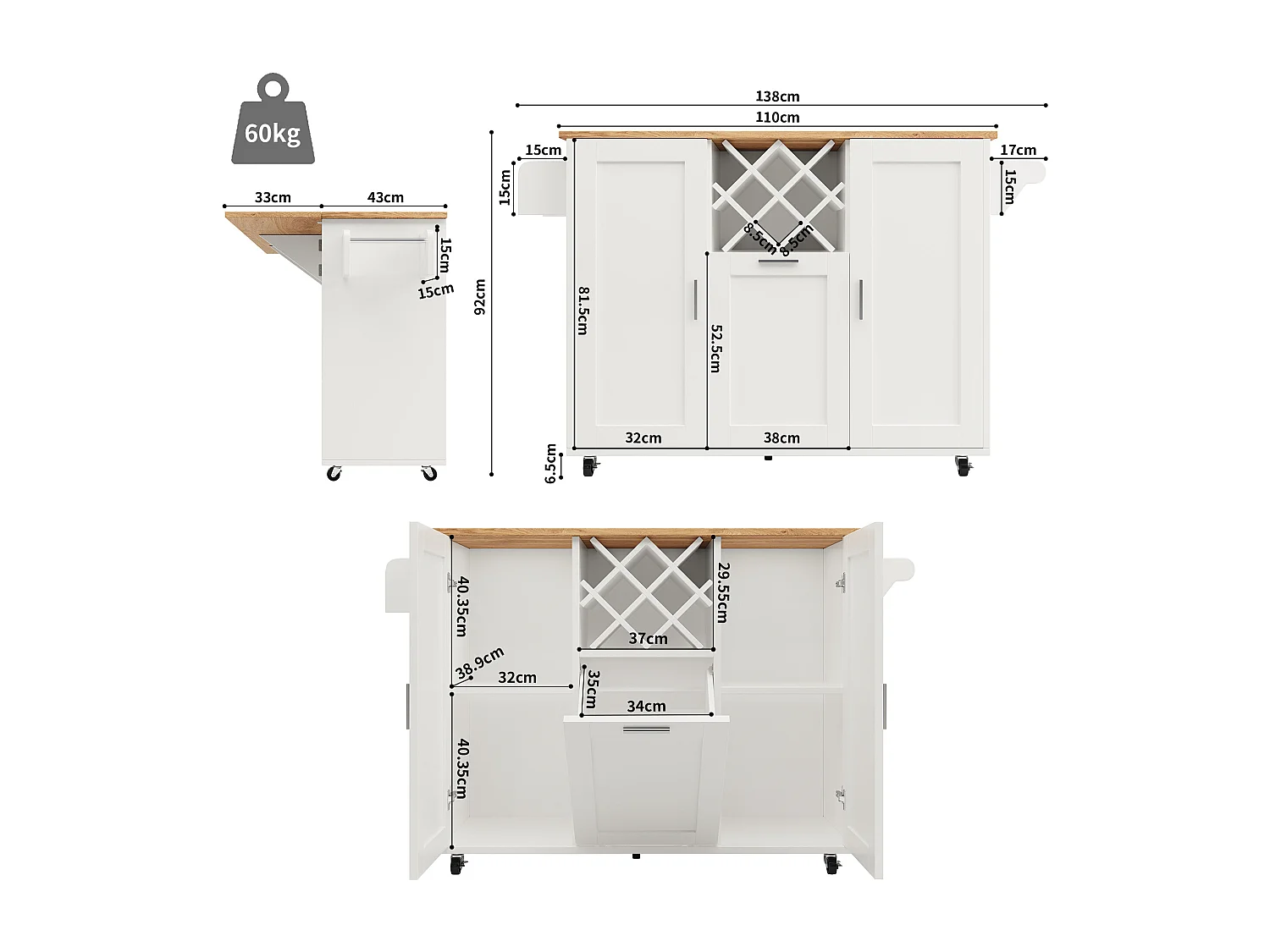 Ilha de cozinha móvel com 3 portas e 12 suportes para garrafas - Tampo extensível - 183x43(76)x92cm - Madeira MDF - Branco e natural