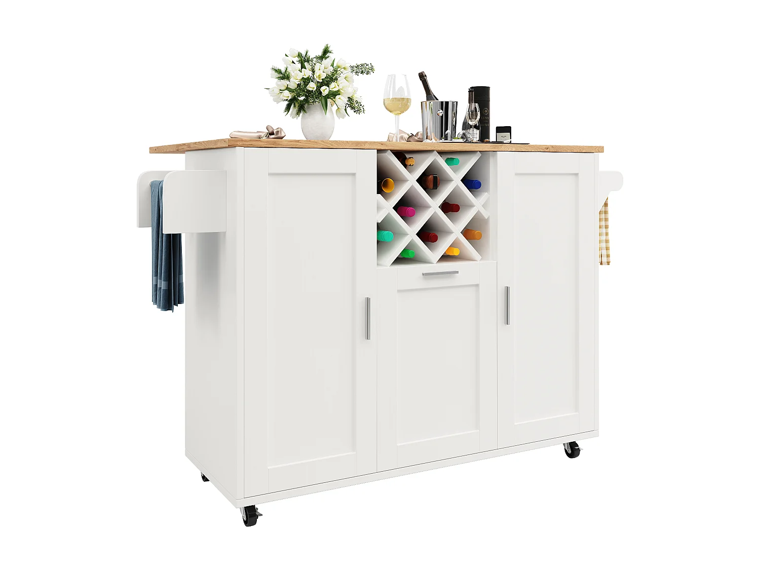 Ilha de cozinha móvel com 3 portas e 12 suportes para garrafas - Tampo extensível - 183x43(76)x92cm - Madeira MDF - Branco e natural