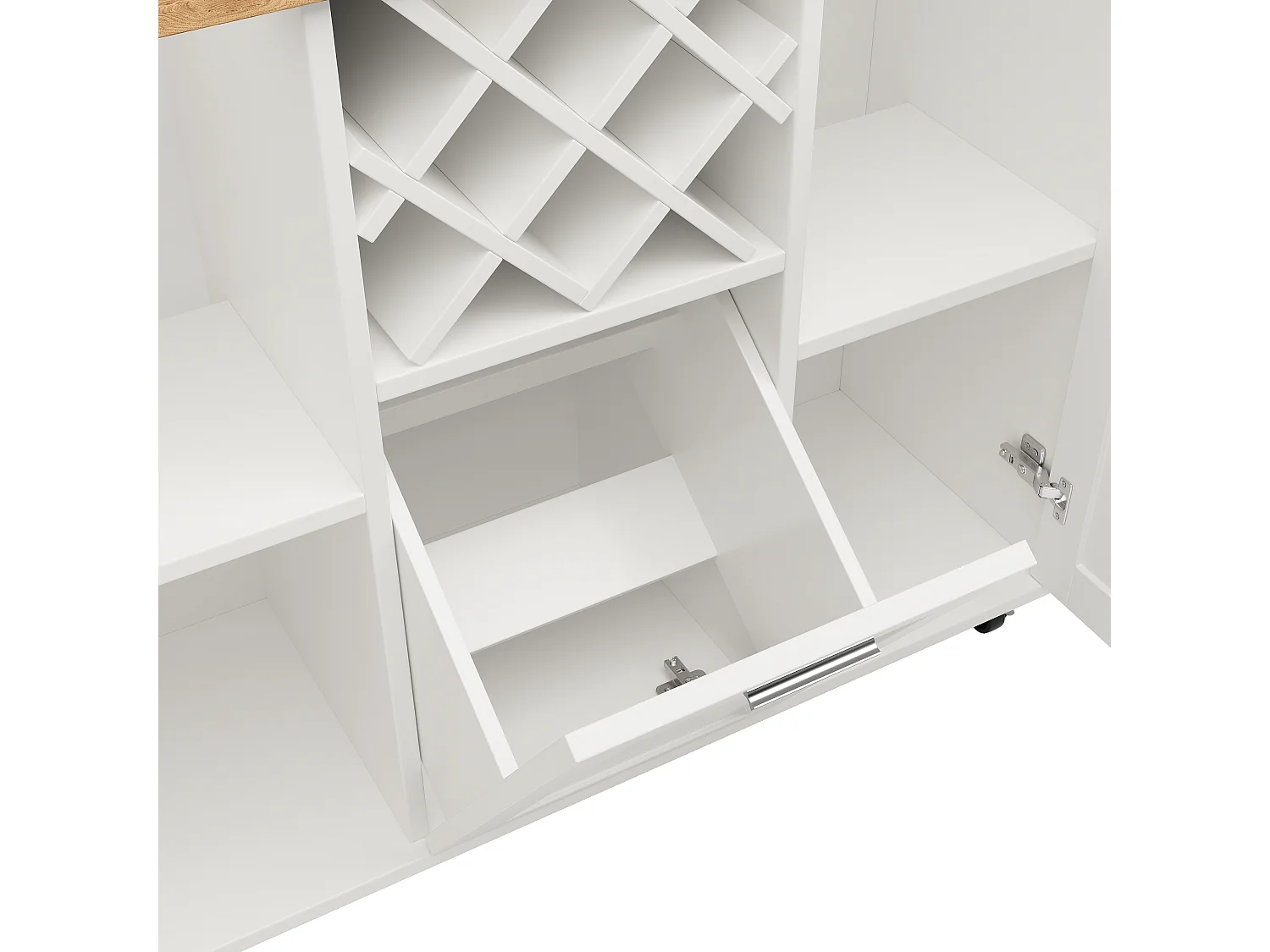 Ilha de cozinha móvel com 3 portas e 12 suportes para garrafas - Tampo extensível - 183x43(76)x92cm - Madeira MDF - Branco e natural