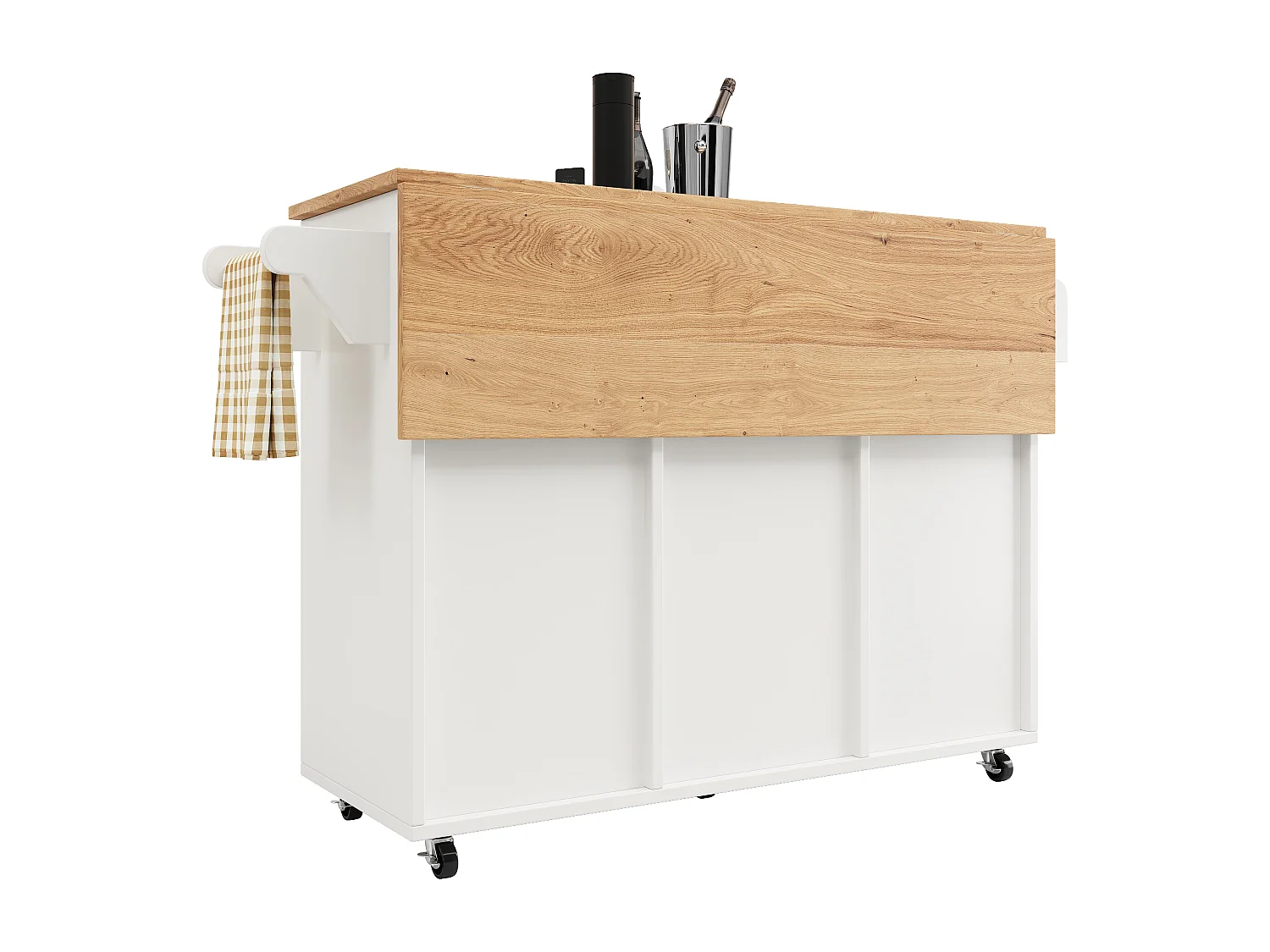 Ilha de cozinha móvel com 3 portas e 12 suportes para garrafas - Tampo extensível - 183x43(76)x92cm - Madeira MDF - Branco e natural