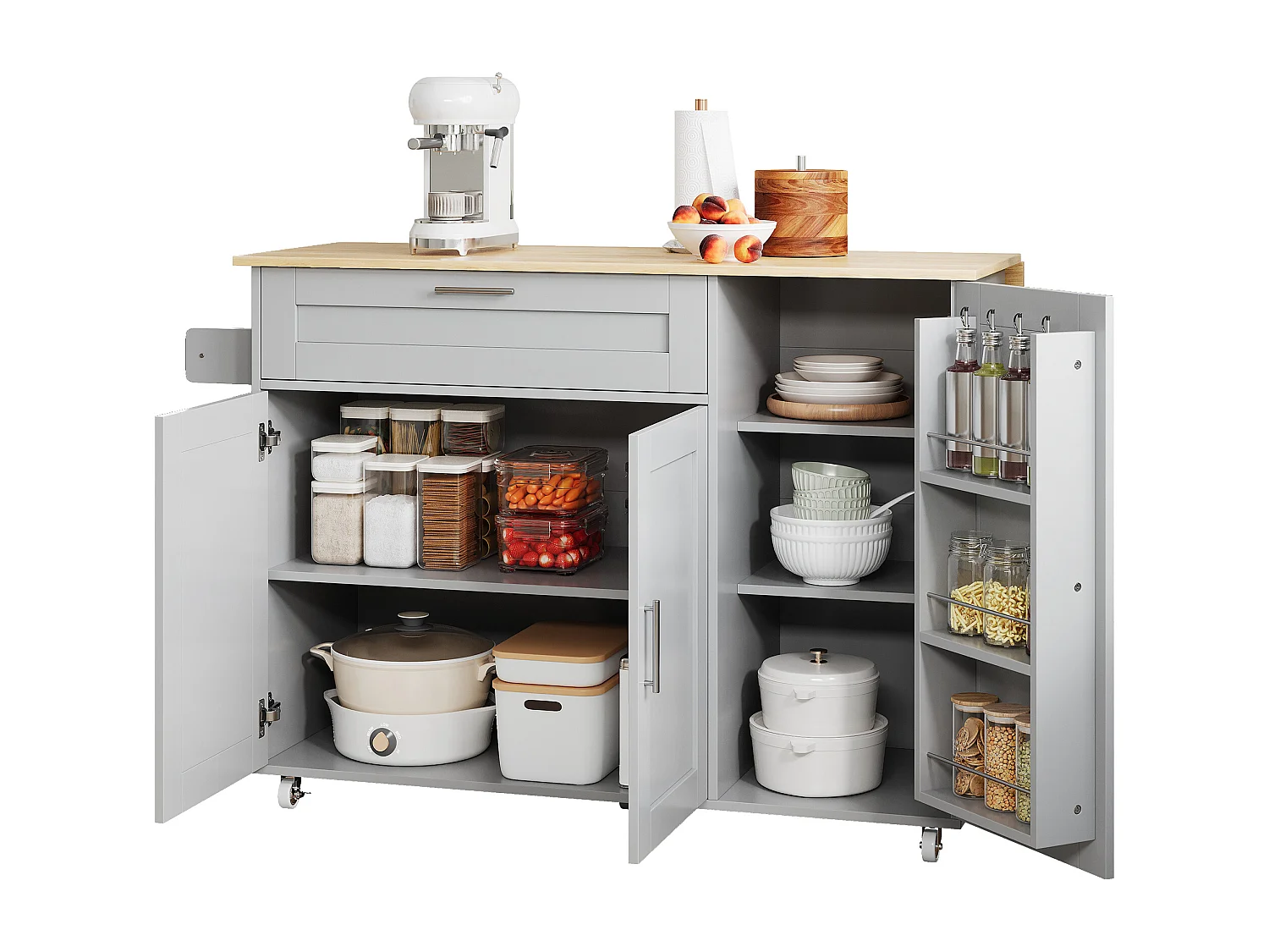Ilot central de cuisine mobile avec 3 portes et 1 tiroir - Plateau extensible - 132.5x44(70)x90 cm - Bois MDF - Gris et naturel
