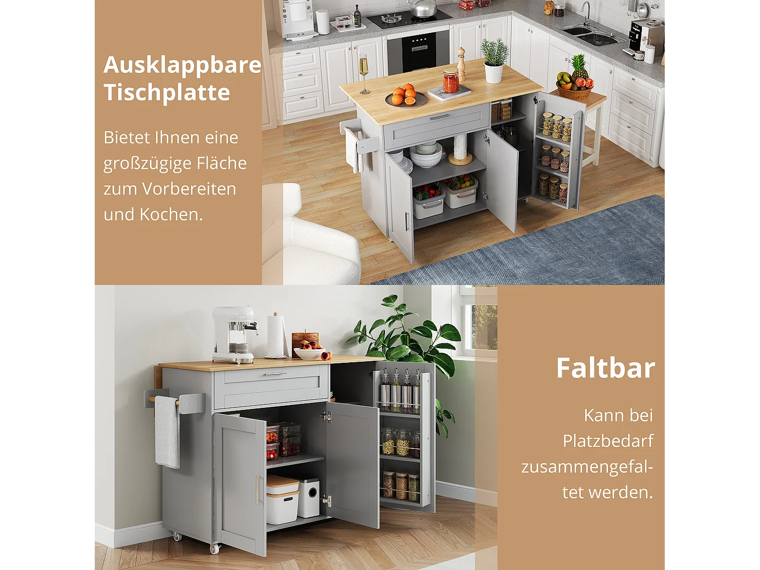 Ilot central de cuisine mobile avec 3 portes et 1 tiroir - Plateau extensible - 132.5x44(70)x90 cm - Bois MDF - Gris et naturel