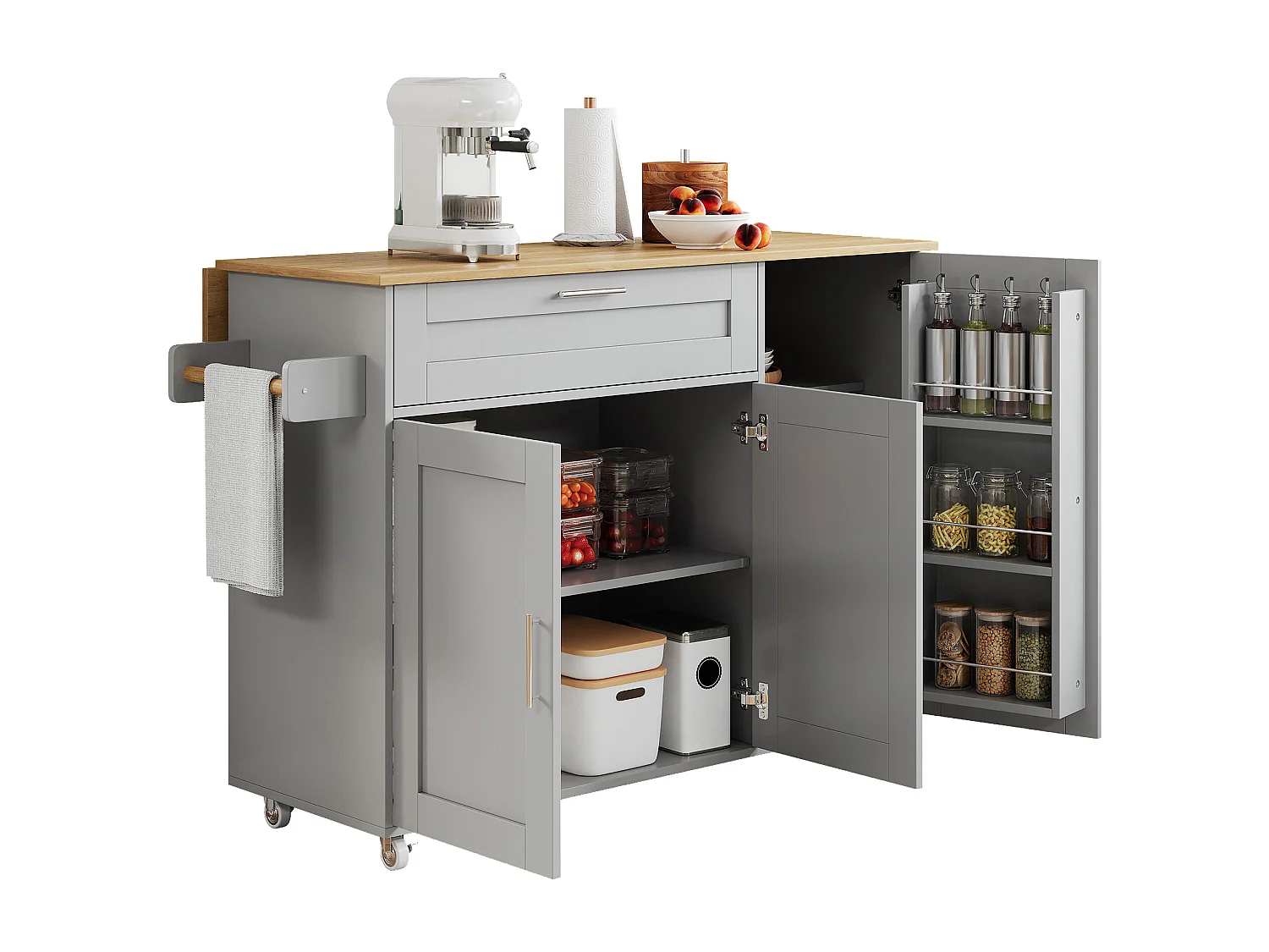 Isola cucina mobile con 3 ante e 1 cassetto - Piano estensibile - 132,5x44(70)x90 cm - Legno MDF - Grigio e naturale