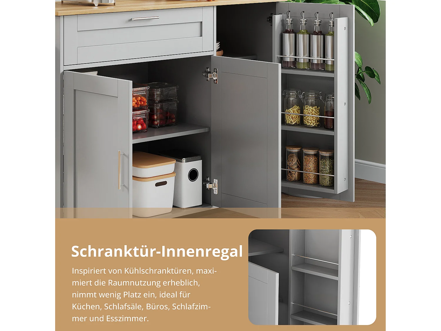 Isola cucina mobile con 3 ante e 1 cassetto - Piano estensibile - 132,5x44(70)x90 cm - Legno MDF - Grigio e naturale