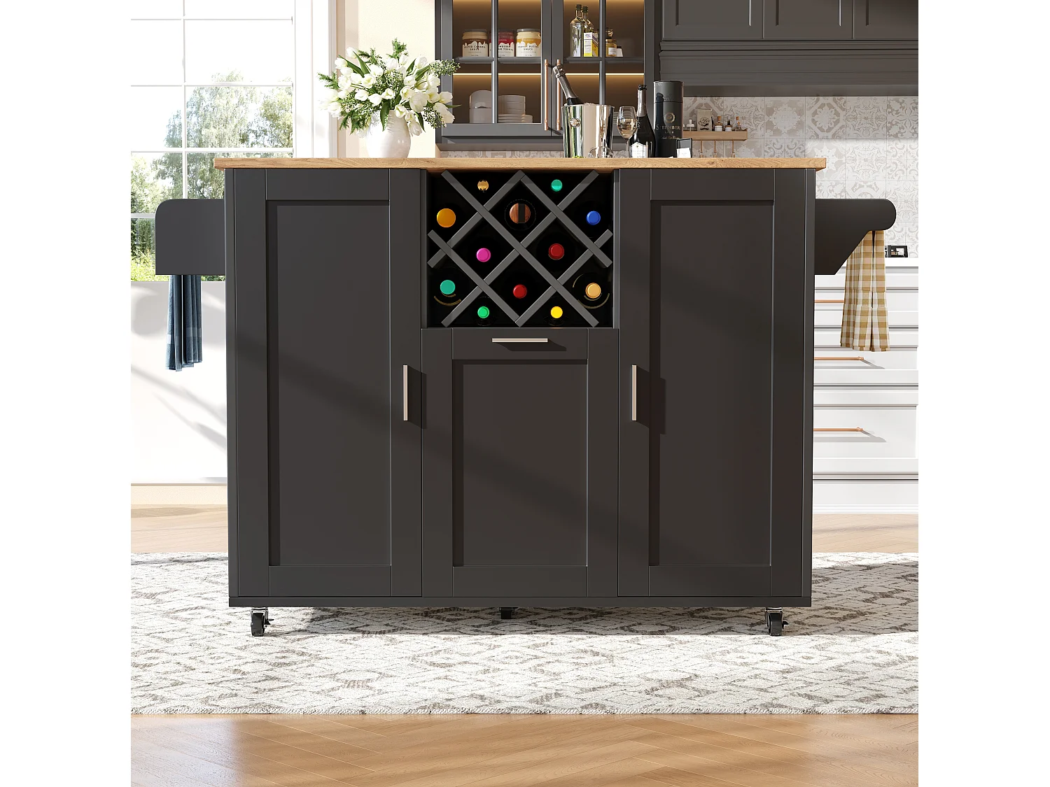 Ilot central de cuisine mobile avec 3 portes et 12 Porte-Bouteilles - Plateau extensible - 183x43(76)x92cm - Bois MDF - Noir et naturel