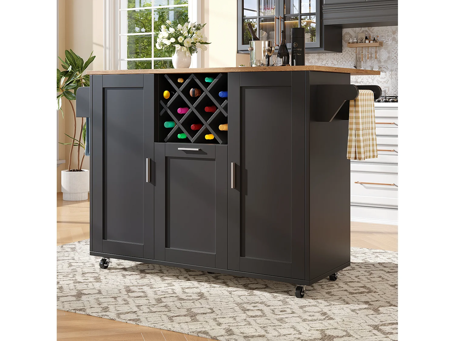 Ilot central de cuisine mobile avec 3 portes et 12 Porte-Bouteilles - Plateau extensible - 183x43(76)x92cm - Bois MDF - Noir et naturel