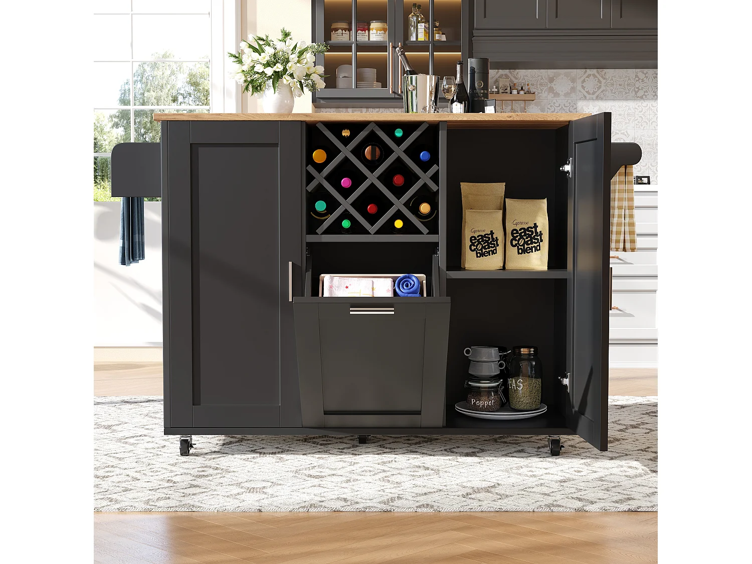 Ilot central de cuisine mobile avec 3 portes et 12 Porte-Bouteilles - Plateau extensible - 183x43(76)x92cm - Bois MDF - Noir et naturel