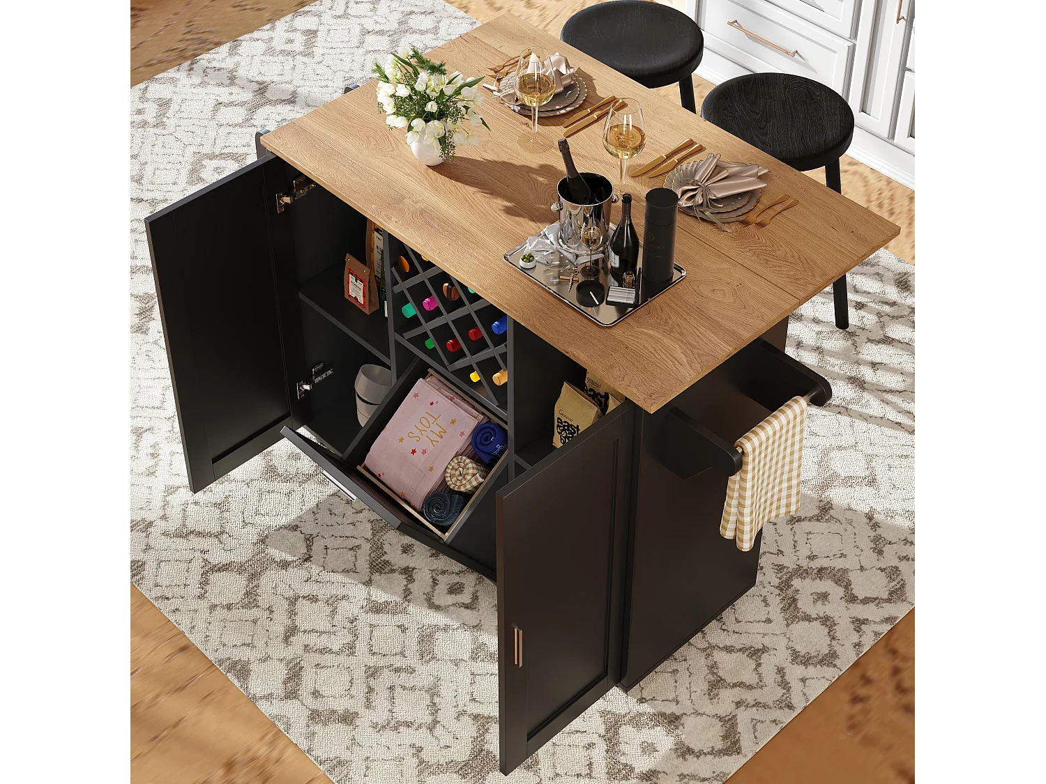 Ilot central de cuisine mobile avec 3 portes et 12 Porte-Bouteilles - Plateau extensible - 183x43(76)x92cm - Bois MDF - Noir et naturel
