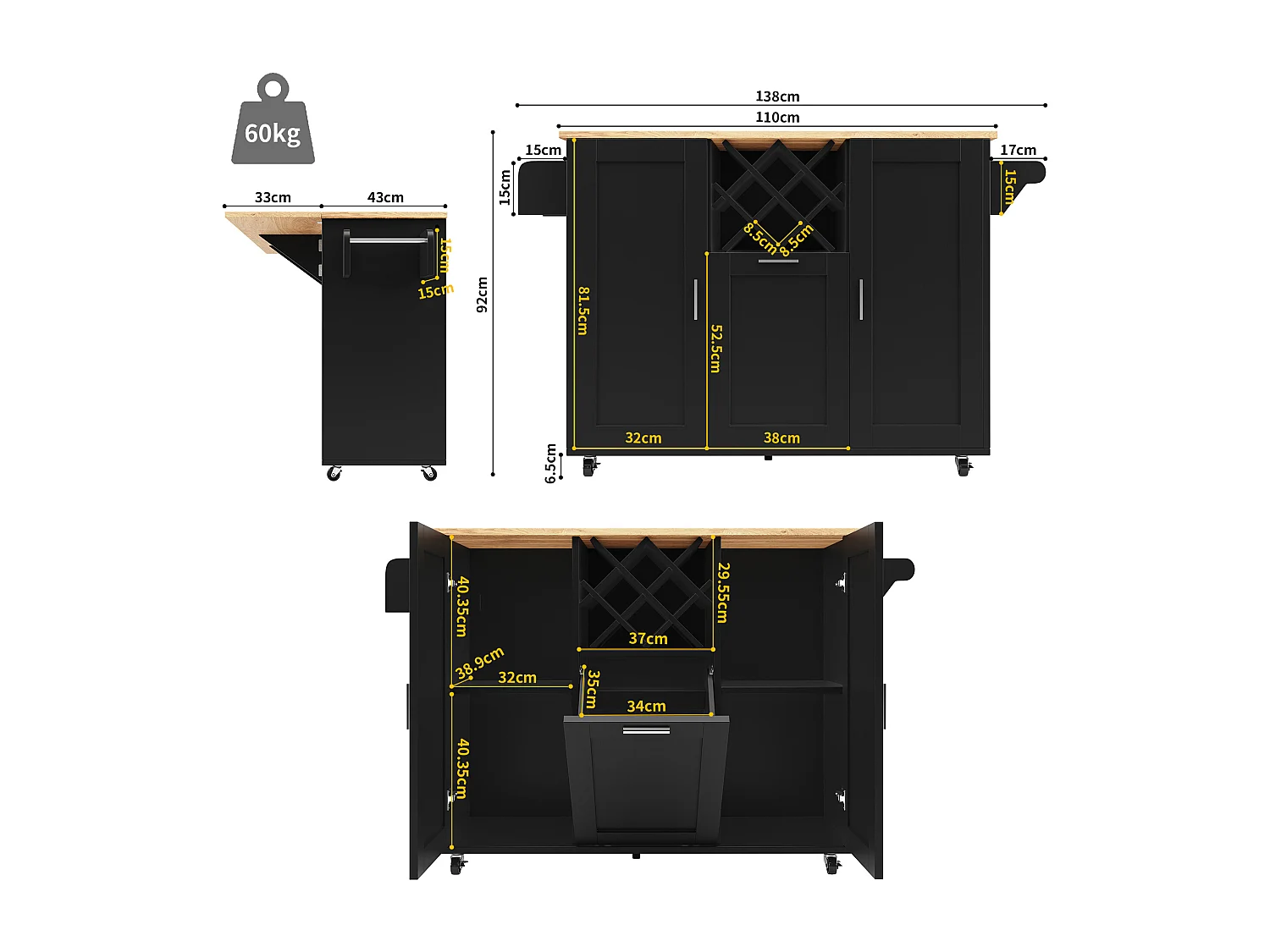 Ilot central de cuisine mobile avec 3 portes et 12 Porte-Bouteilles - Plateau extensible - 183x43(76)x92cm - Bois MDF - Noir et naturel