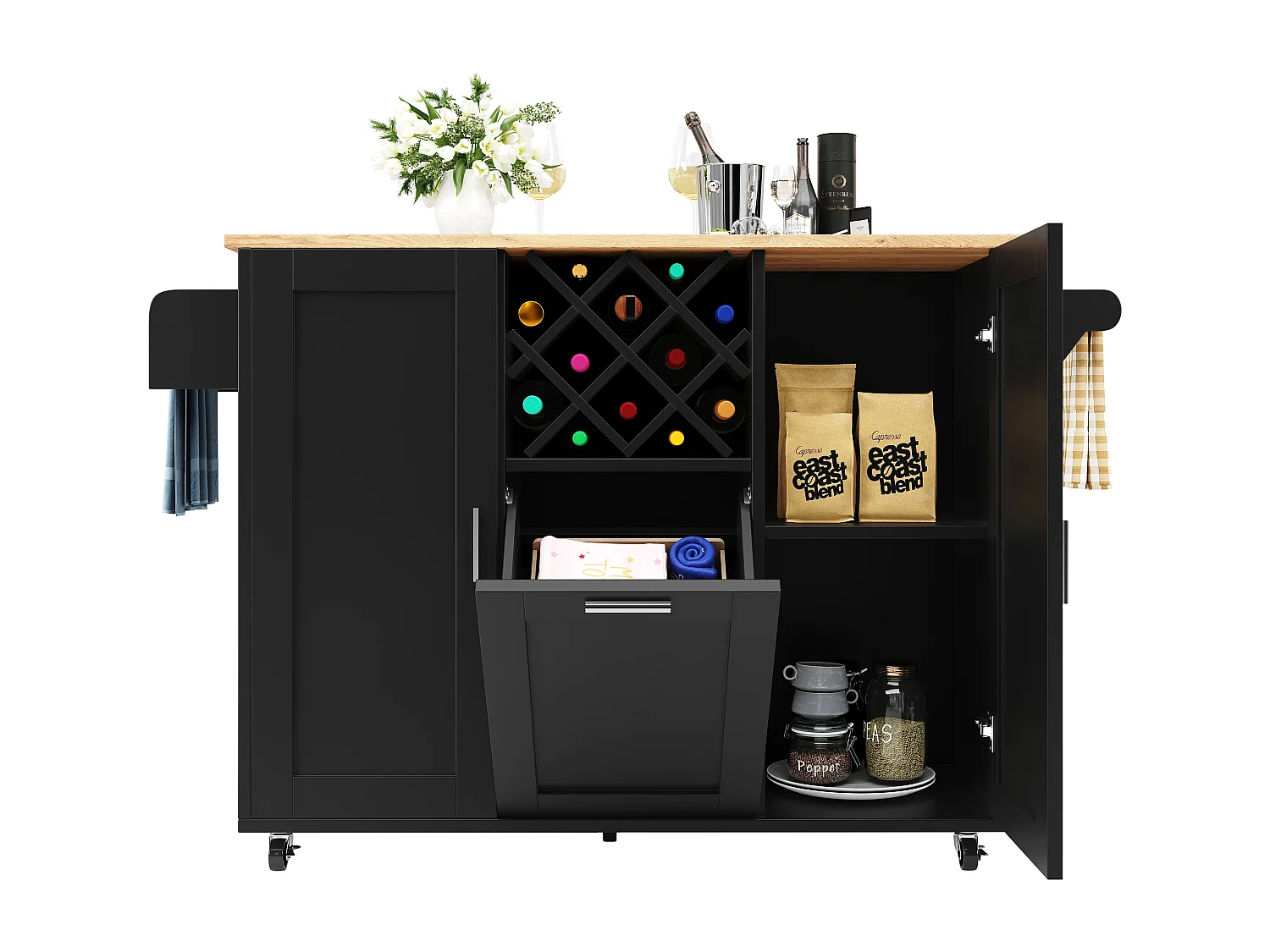 Ilot central de cuisine mobile avec 3 portes et 12 Porte-Bouteilles - Plateau extensible - 183x43(76)x92cm - Bois MDF - Noir et naturel